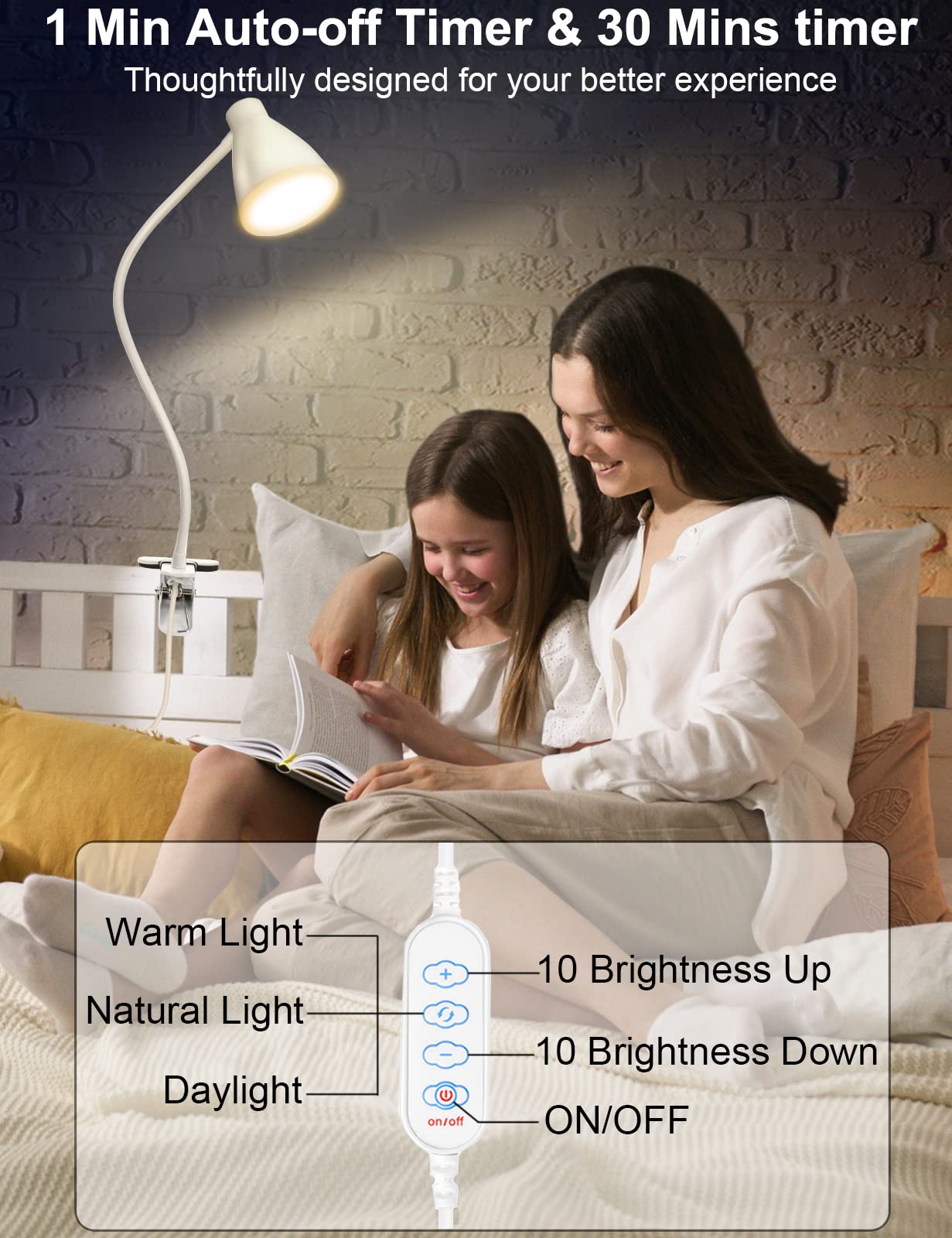 BOHON Clamp Lamp Reading Light, 10W, 38 LED, 3 Color Modes, 10 Brightness Levels, Flexible Gooseneck, White, Model WDL10W