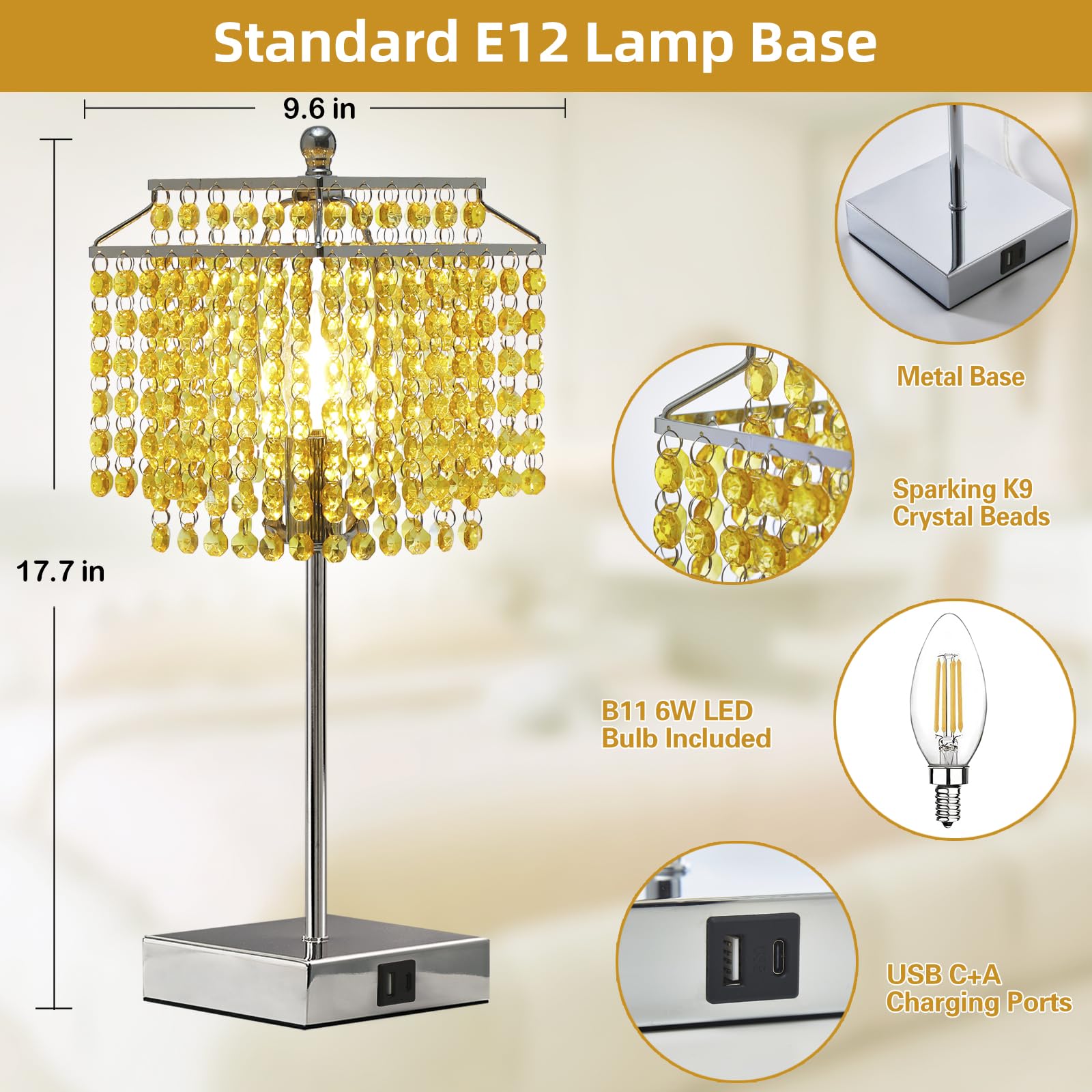 Crystal Table Lamp With Touch Control, Bedside Lamp With Usb C+A Ports, 3-Way Dimmable With Crystal Shade For Girls Bedroom, Liv