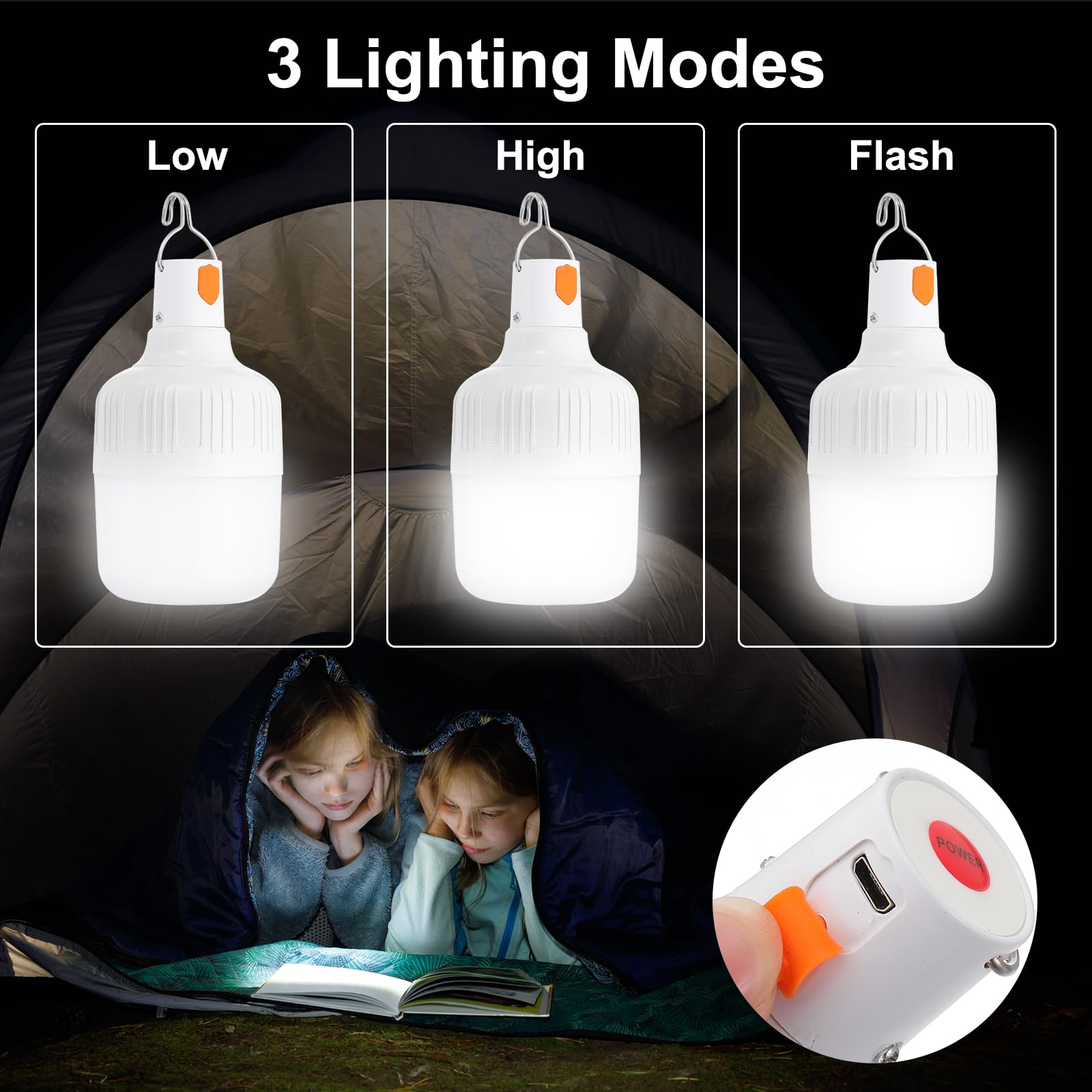 Patikil Camping Lantern  4 Pack Rechargeable Led Tent Lamp Lights Bulb Portable Hanging 3 Lighting Modes 90W With Clip Hook For Camping  Hiking  Fishing  White