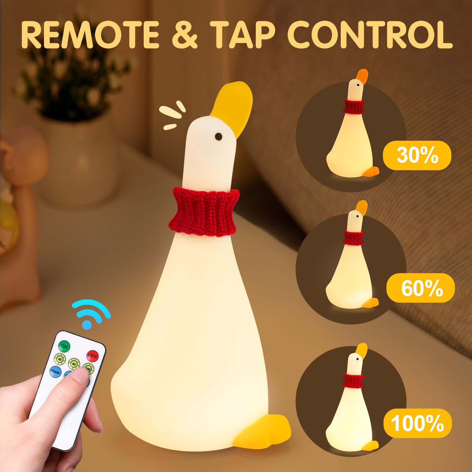 Gefaxi Duck Night Light - Cute Silicone LED Lamp, Cordless & Dimmable, Rechargeable, White, Model SU-1699, Perfect for Bedroom & Gifts