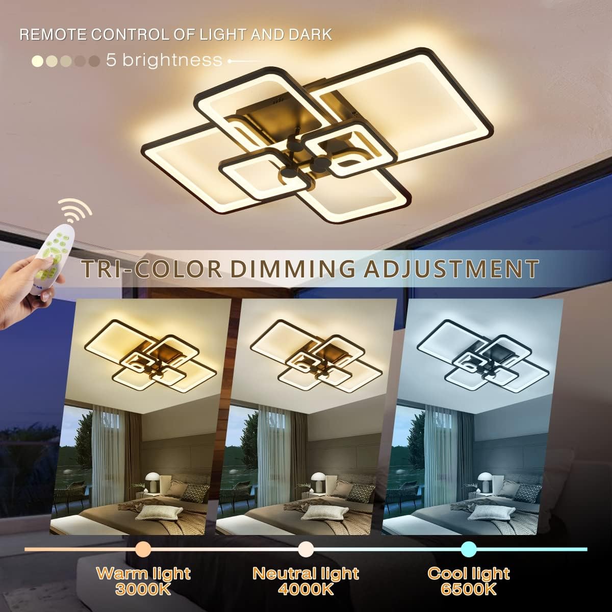 Modern Led Ceiling Light,Dimmable Ceiling Lights For Living Room,6 Square Modern Lighting Fixture Ceiling Lamps With Remote, Flu
