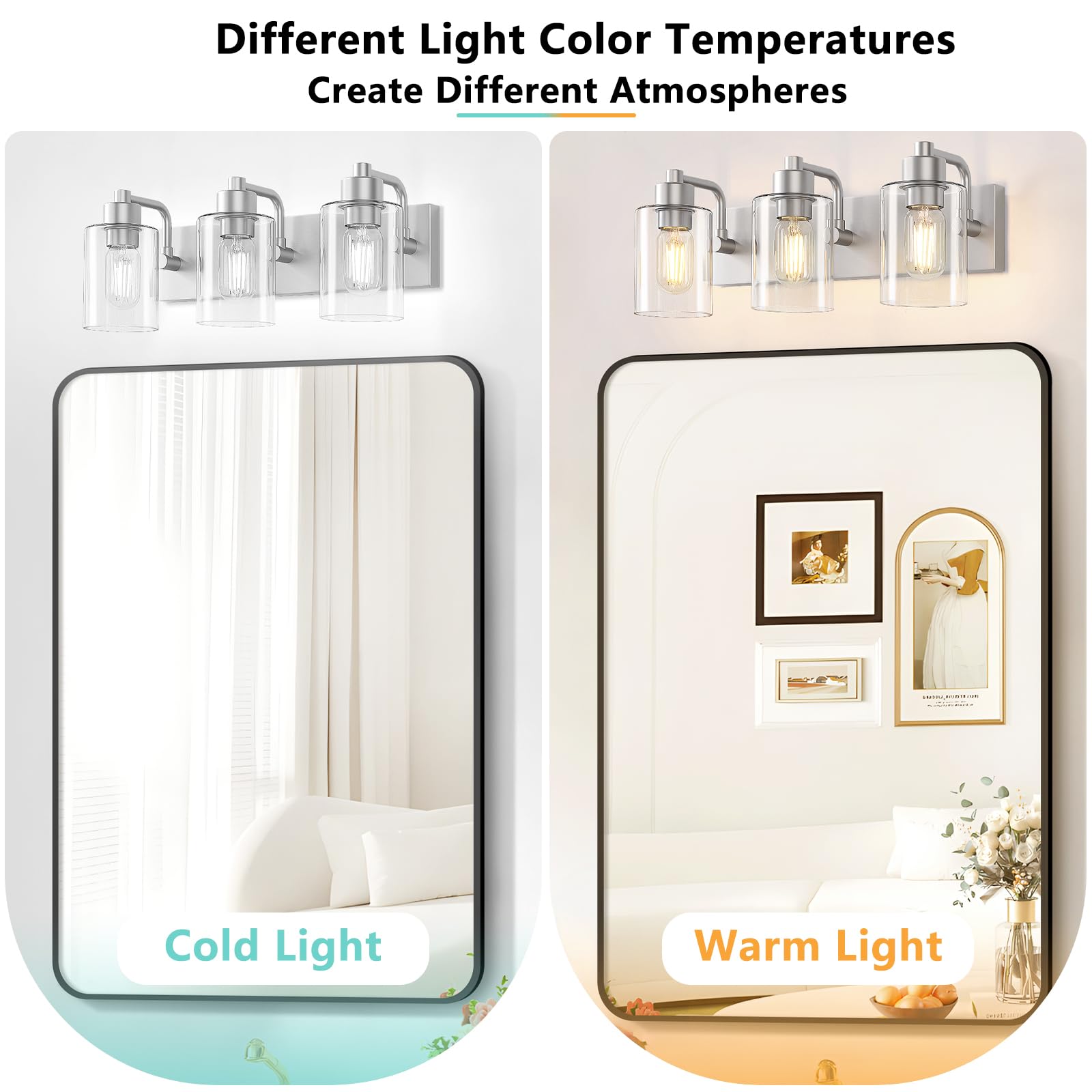 Dpyrrhic 3-Light Bathroom Light Fixtures, Brushed Nickel Wall Sconces with Clear Glass Shade, Model JD-190