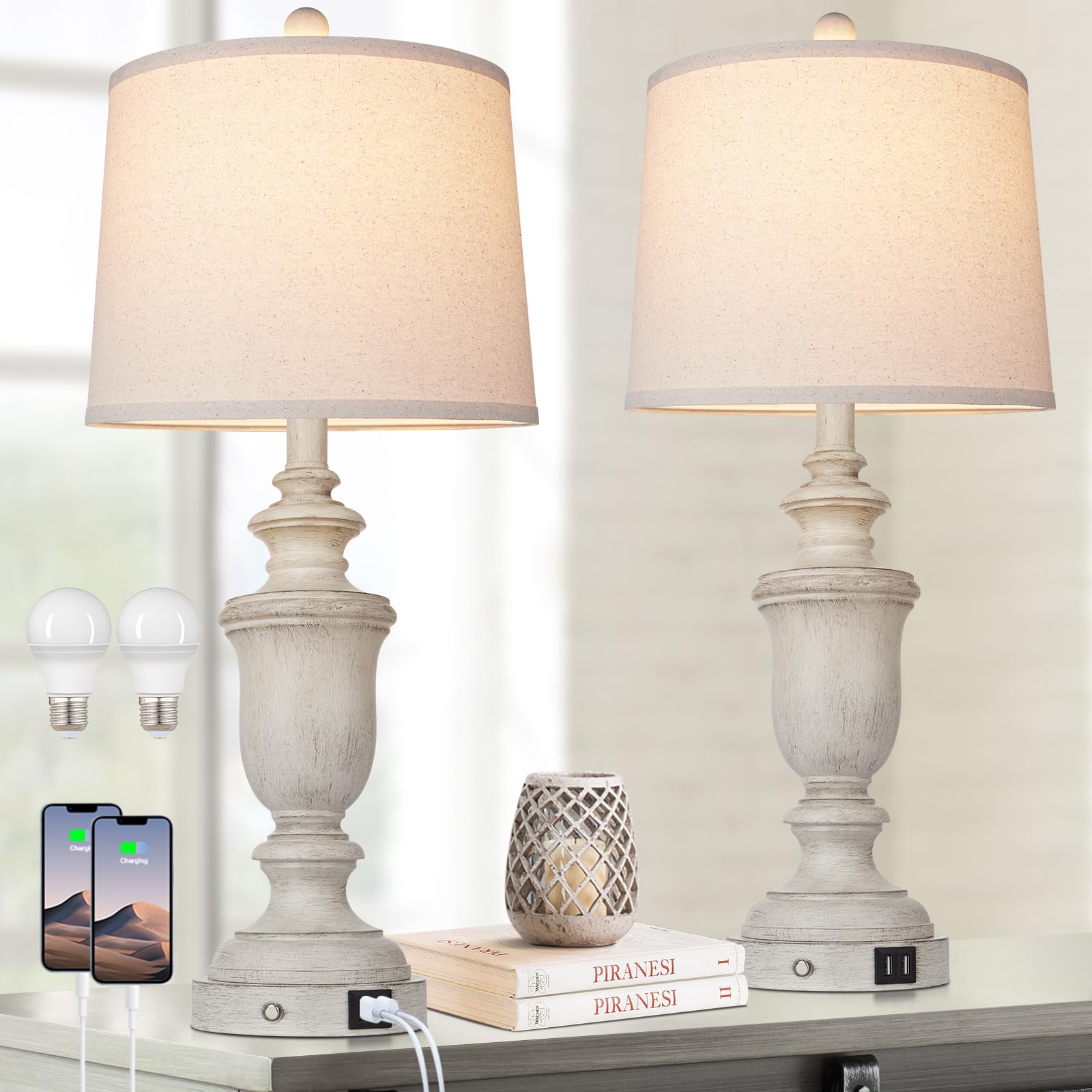Cinkeda Farmhouse Table Lamps Set of 2 with USB Charging Port for Rustic Living Room Retro Bedroom,3-Way Dimmable Touch Lamp Res