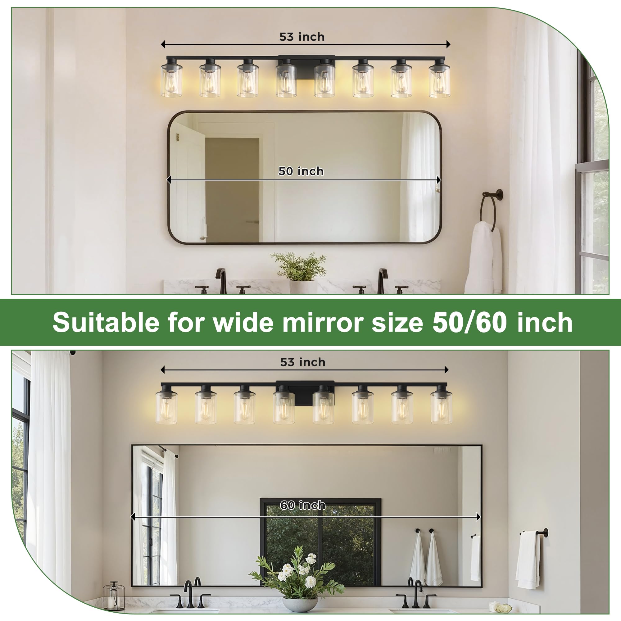 Doresshop 55 Inch Bathroom Light Fixtures  8-Light Black Bathroom Lighting Fixtures Over Mirror With Glass Shade  Modern Vanity Lights For Hallway Bedroom