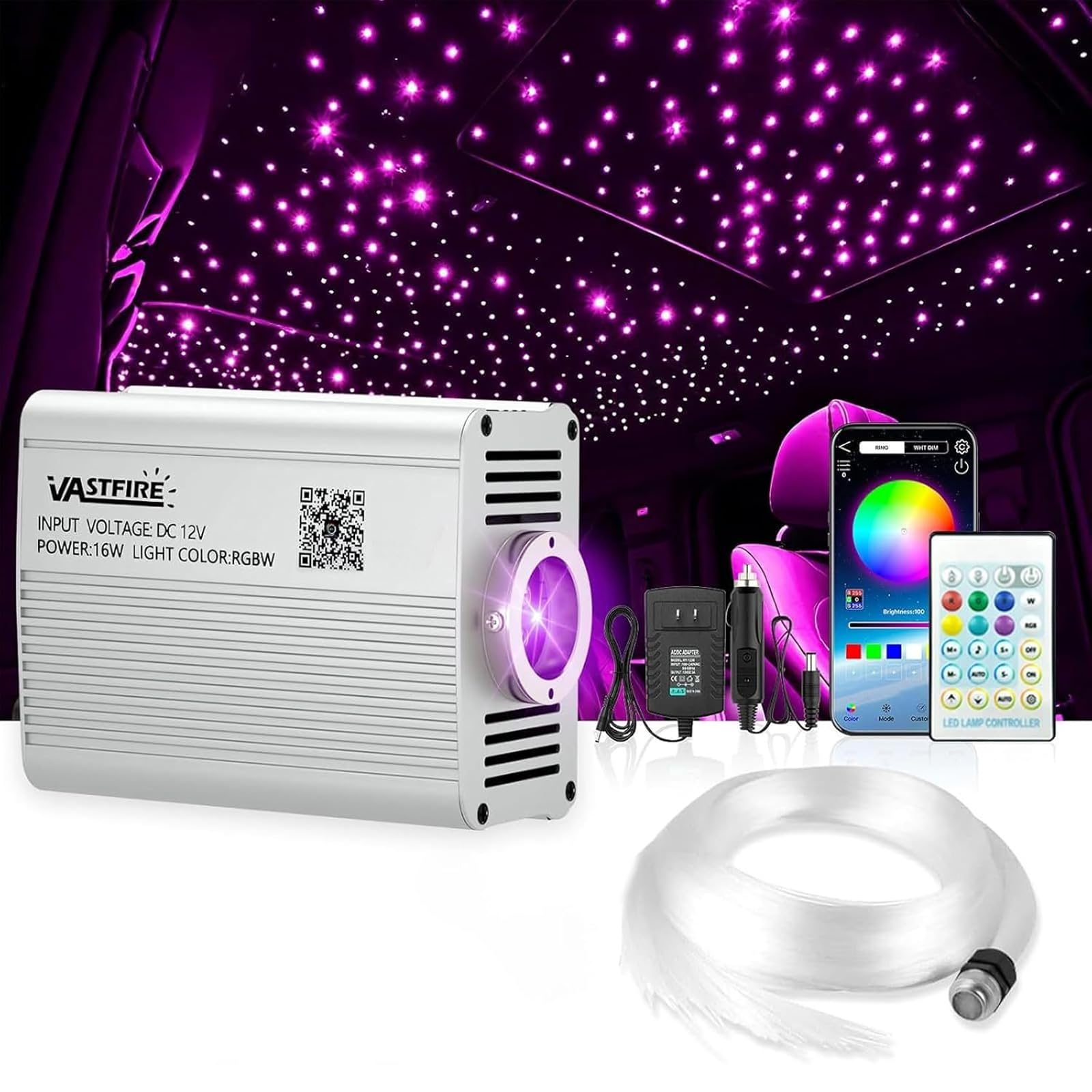 VASTFIRE Starlight Headliner Kit - 500pcs Fiber Optic Star Lights - 16W RGBW, Twinkle & Music Sync, Silver, 9.8ft, Model