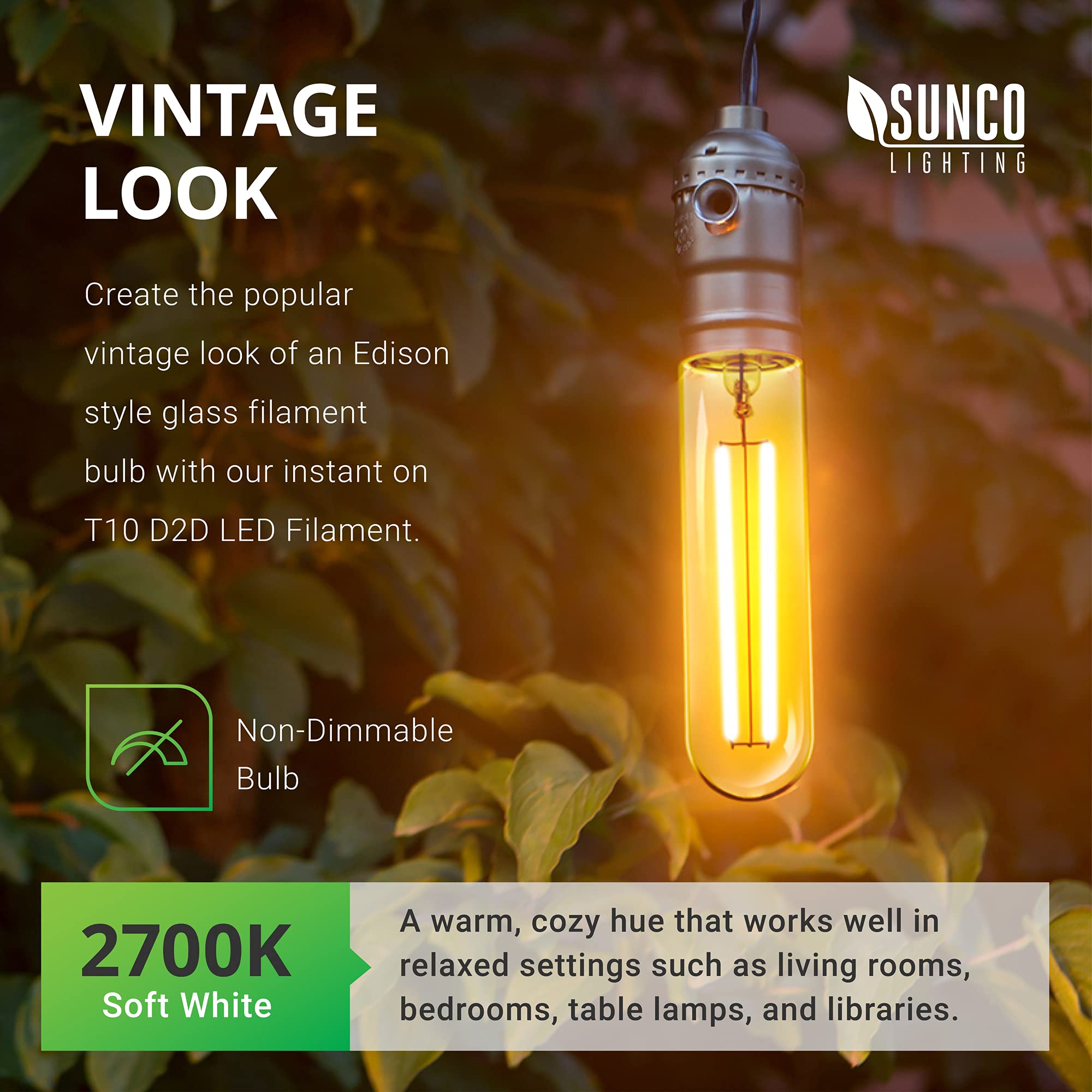 Sunco Lighting T10 LED Bulbs 5W=40W 6 Pack, 2700K Soft White, Vintage Filament, Waterproof, E26 Base, 450 Lumens, CR