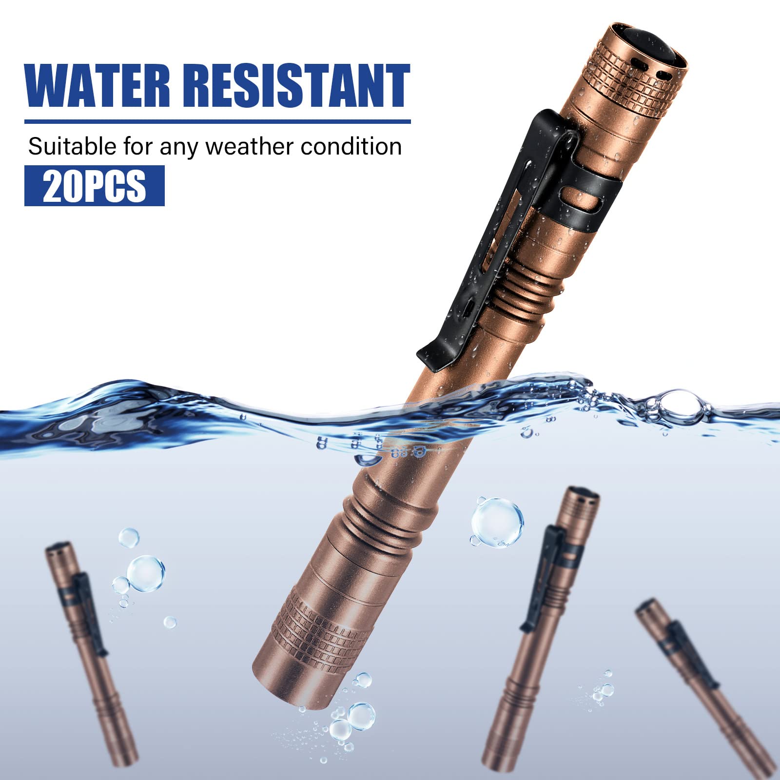 Hortsun Mini Pen Light Flashlights, 20 Pcs, 5.12 Inch, Aluminum, Brown, Pocket Size LED Torches for Fathers Day Gifts