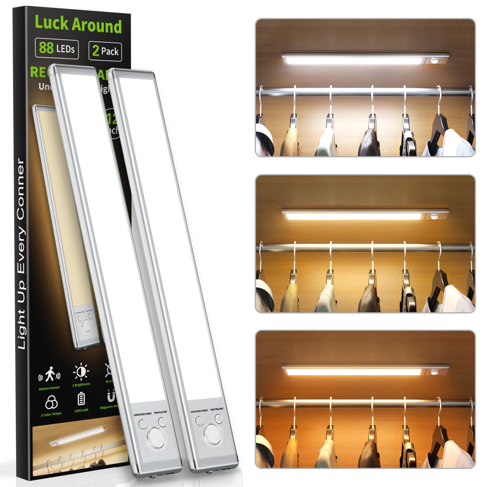 Under Cabinet Lights,2200mAh Rechargeable Closet Lights, 88 LED Operated Motion Sensor Light Indoor, Magnetic Under Counter Ligh
