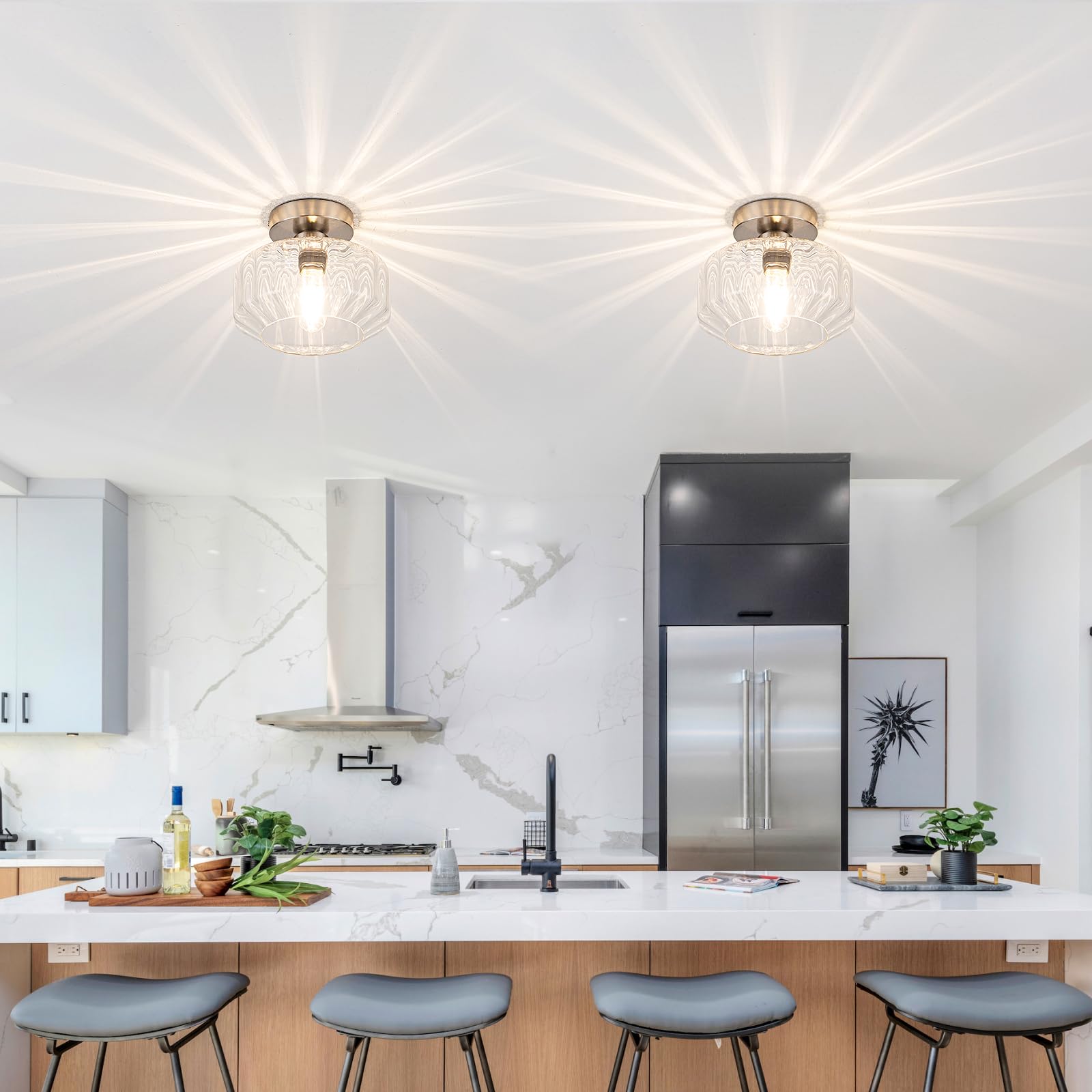 Semi Flush Mount Ceiling Light Fixture With Textured Glass Brushed Nickel Metal Base Includes 1200 Lumens Led Bulbs Silver Hallw