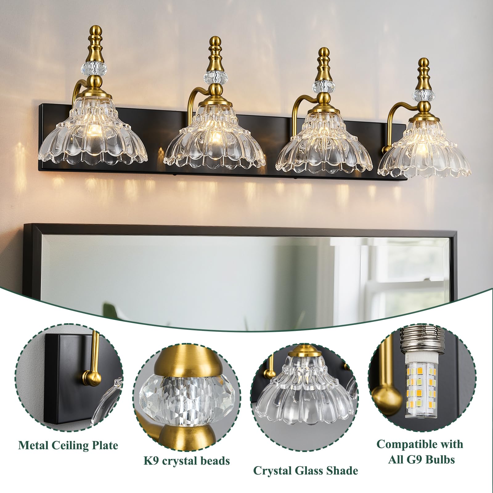 Lbsqj Vintage Bathroom Vanity Light  4-Light Black Gold Vanity Lighting Fixture With Flower Glass Shade  Bathroom Lighting Fixtures Over Mirror