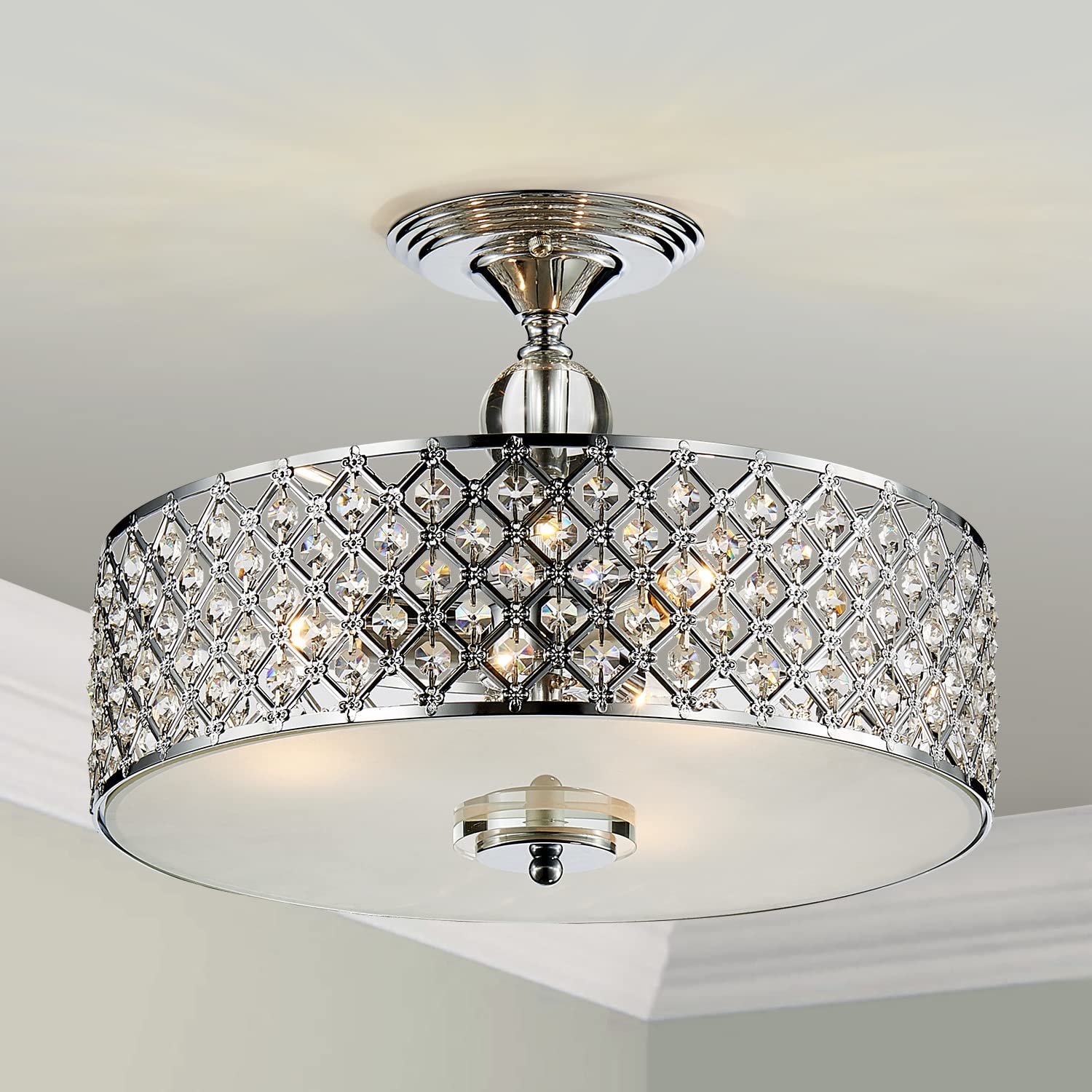 SM Saint Mossi Flush Mount Ceiling Chandelier, 3-Light K9 Crystal, H11 x D15.4, Chrome Finish for Dining Room, Living Room, Bedroom