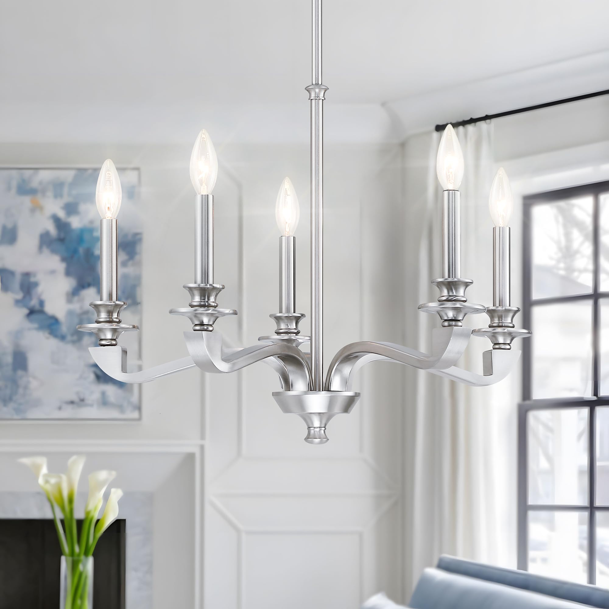 Senroyal Chandeliers For Dining Room, 5 Light Modern Chandelier Light Fixture Over Table, Brushed Nickel Farmhouse Candle Chande