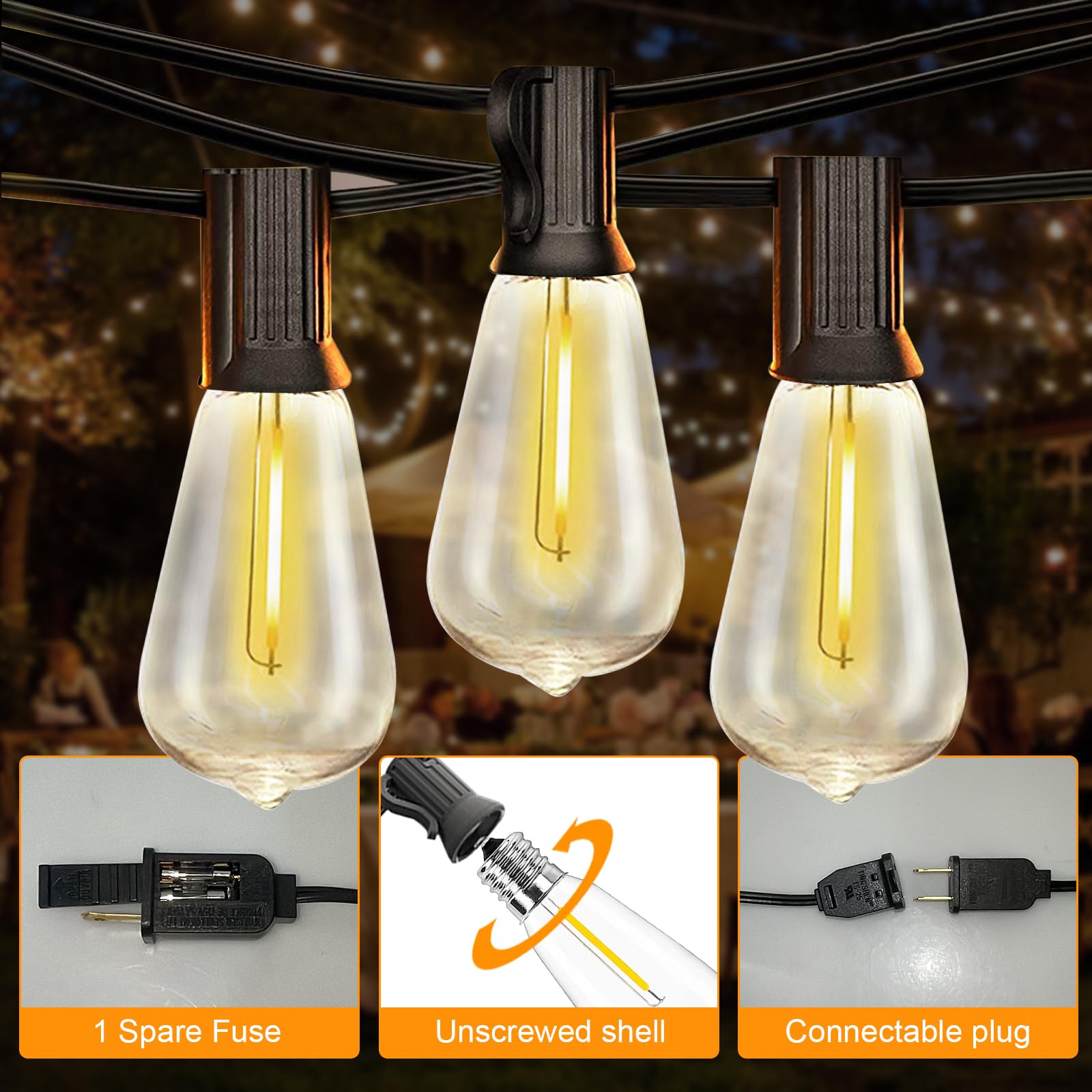 Konictom LED Outdoor String Lights, 20FT, 22 Shatterproof ST40 Vintage Bulbs, Waterproof, Black