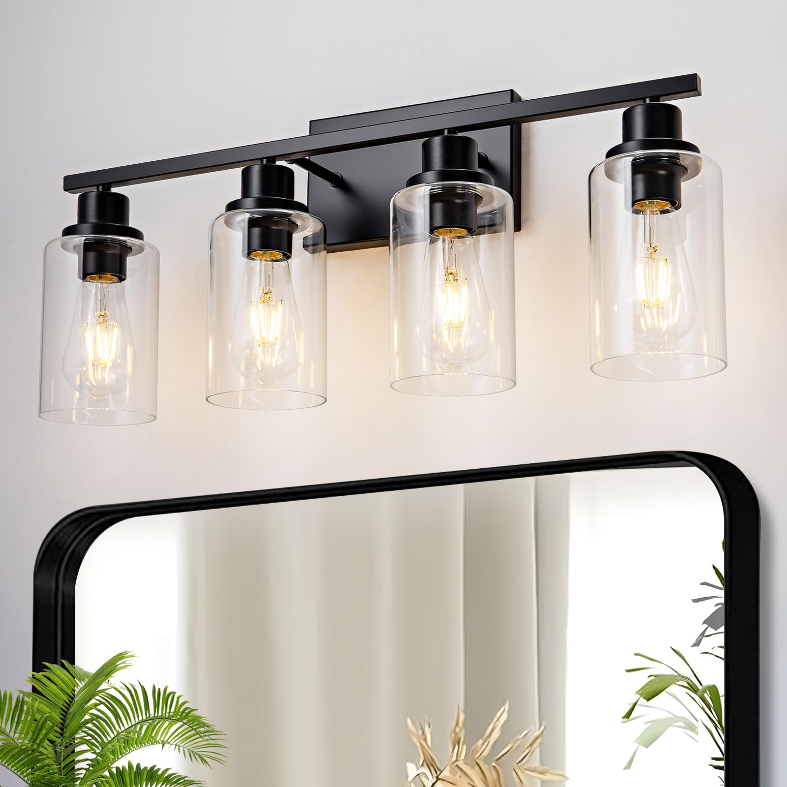 HCCZ 4 Light Black Bathroom Vanity Light Fixture, Metal Wall Sconces, E26 Socket, Glass Shade, Model 800-100-1079