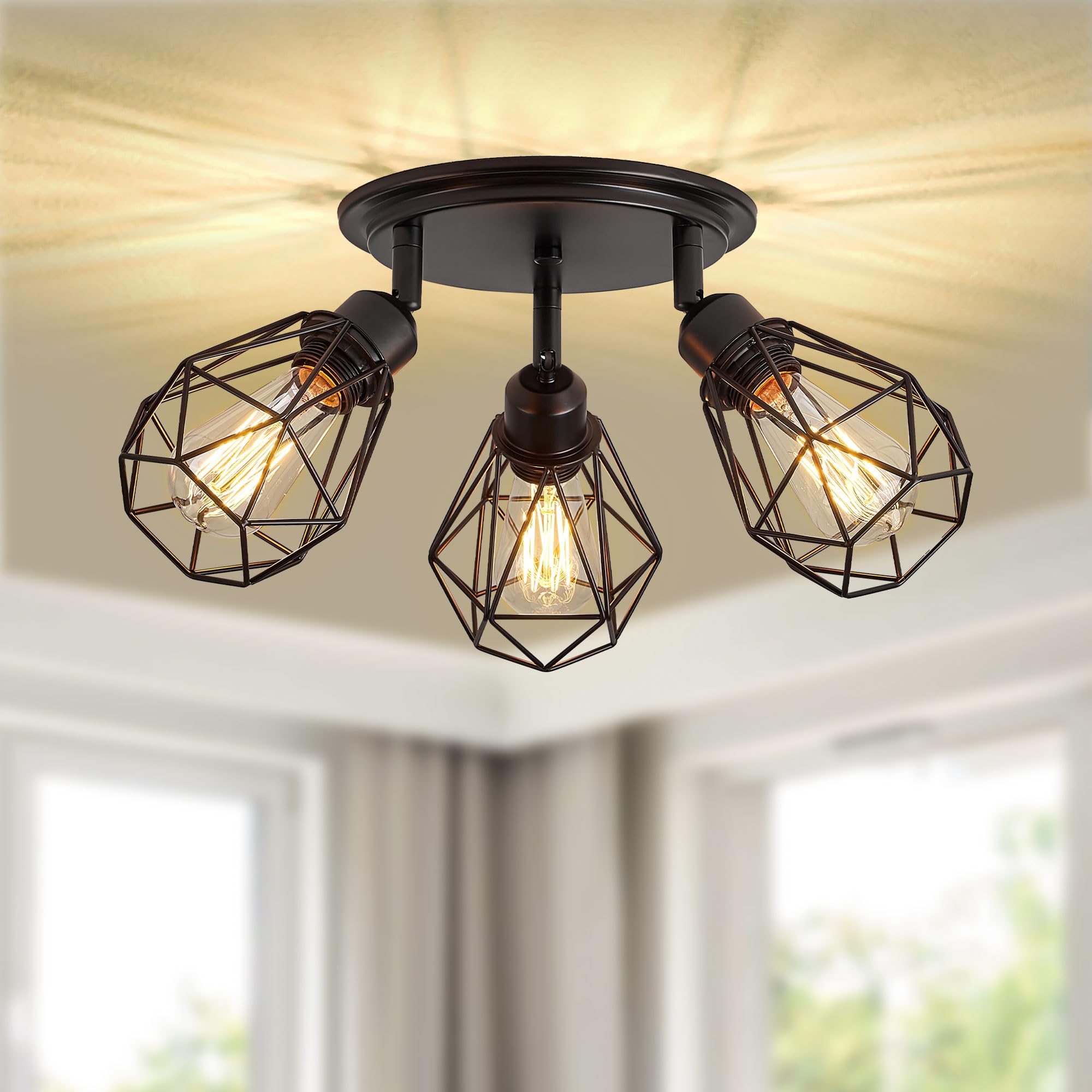 LEDIARY Semi Flush Mount Ceiling Light Fixture, 360 Adjustable Direction 3-Light Kitchen Light Fixtures, Black Farmhouse Cage Li