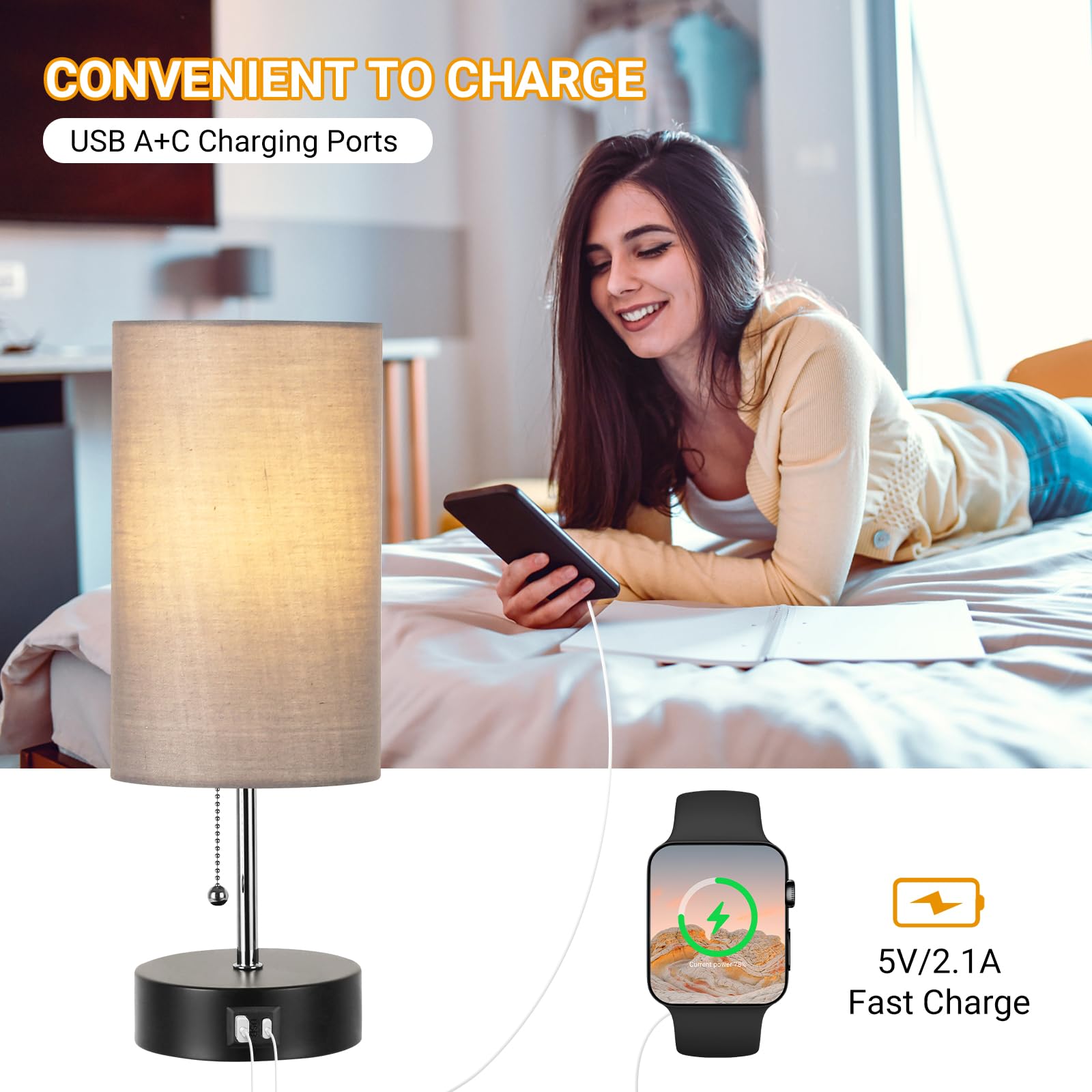 Rottogoon Bedside Lamp With Usb Ports, 3-Color Temperature, Metal, Smoke Gray, Led Bulb