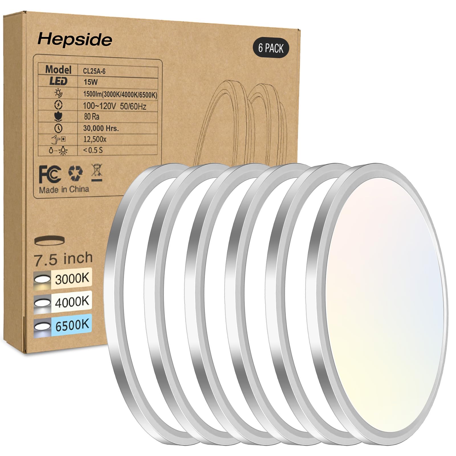 Hepside 6PACK LED Flush Mount Ceiling Light 15W 1500Lm 3CCT 3000K-4000K-6500K Brushed Nickel 7.5
