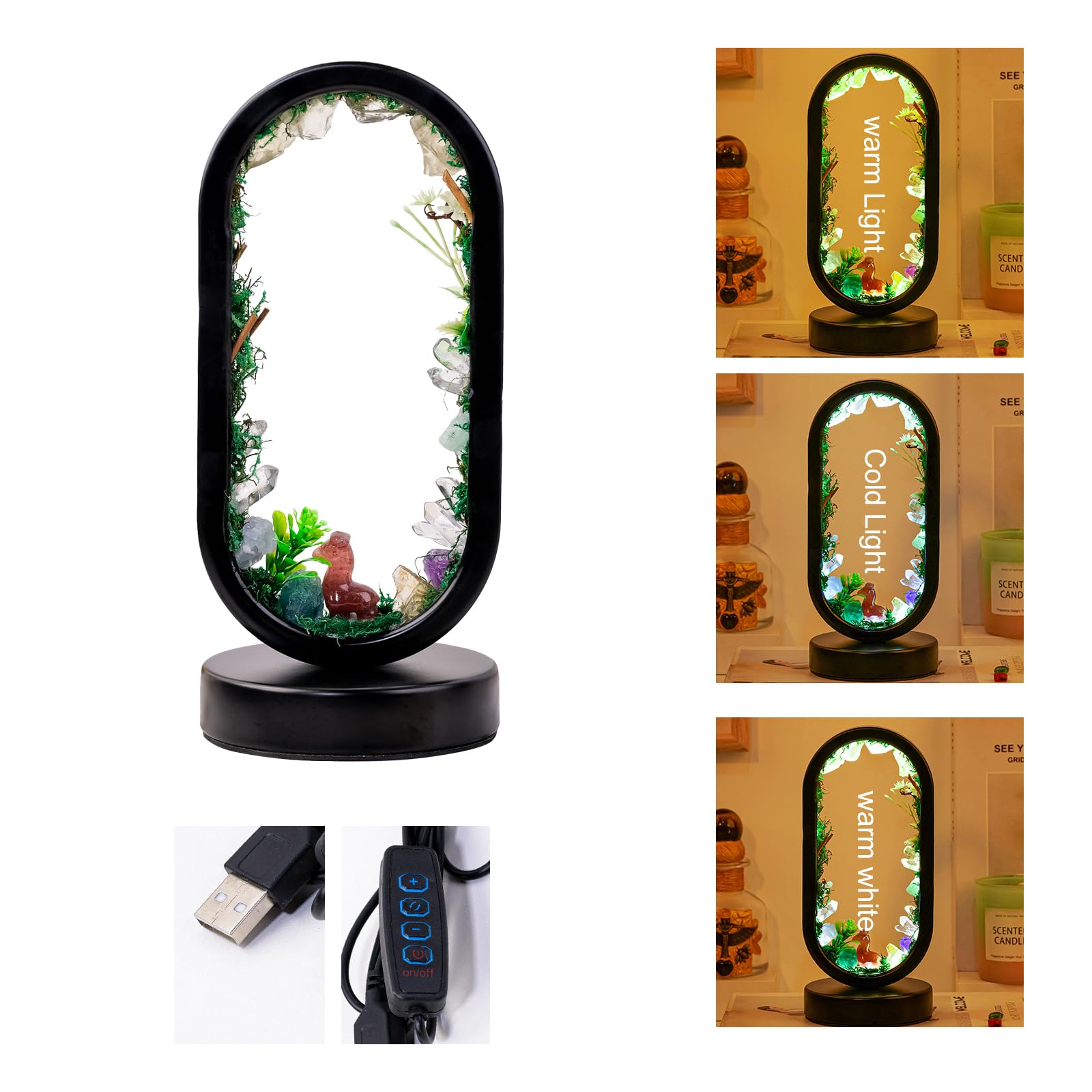 Runyangshi Natural Crystal Night Light LED Bedroom Living Room Night Lamp Oval Quartz Lamp USB Power Bionic Botanical Forest Sty