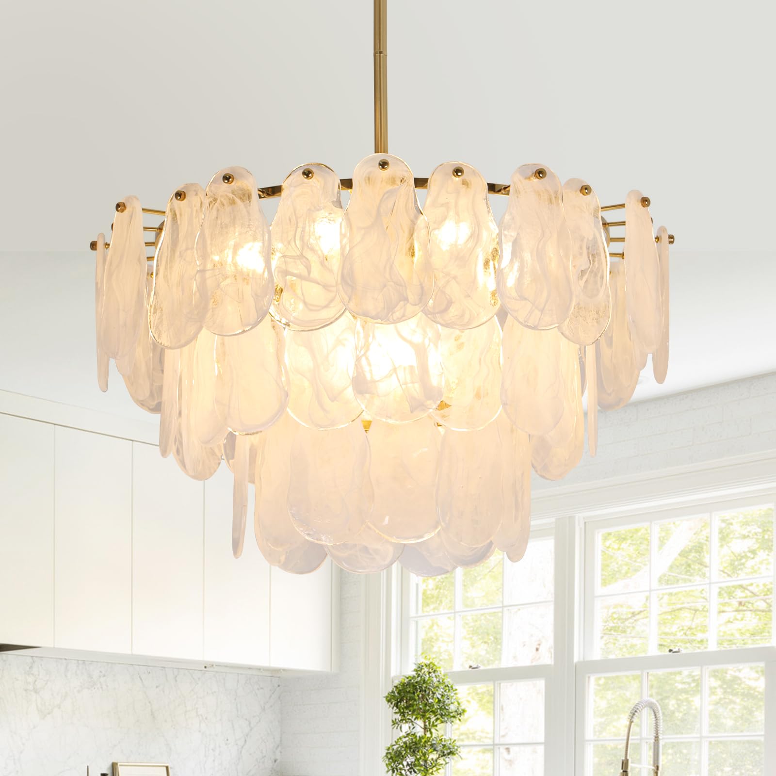 Keluoly Modern Gold Chandeliers, 17.7'' Luxury Cloud Glass Light Fixture, 2-Layer Round Ceiling Hanging Light Fixture For Bedroo