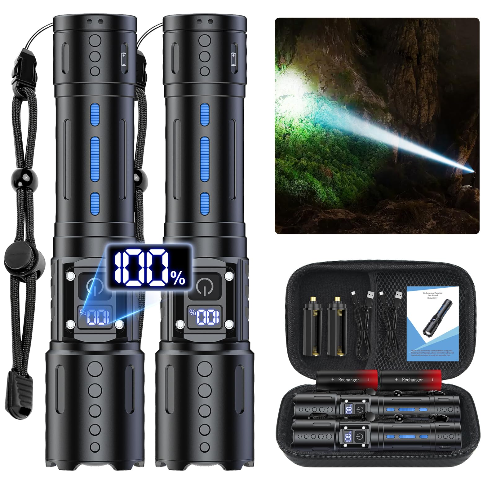 Flashlights High Lumens Rechargeable - 20,000 Lumens Super Bright Tactical LED Flash Light, Dimmable&Memory Function Powerful Wa