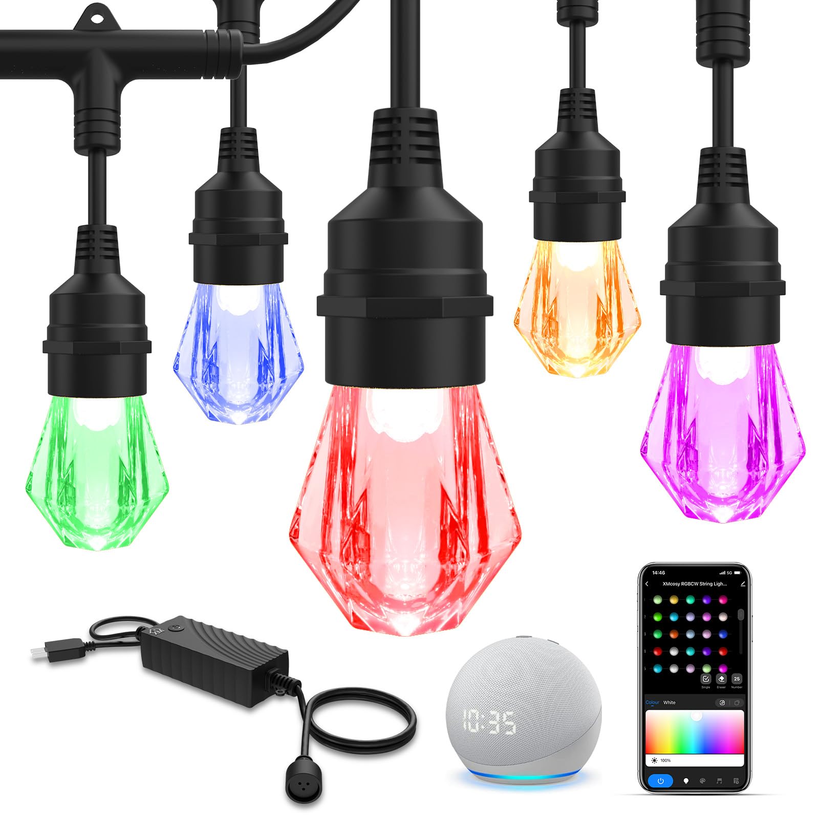 XMCOSY+ Smart Outdoor String Lights - 64ft RGBCWIC Patio Lights with 24 Color Changing Bulbs, LED String Light for Outside Backy
