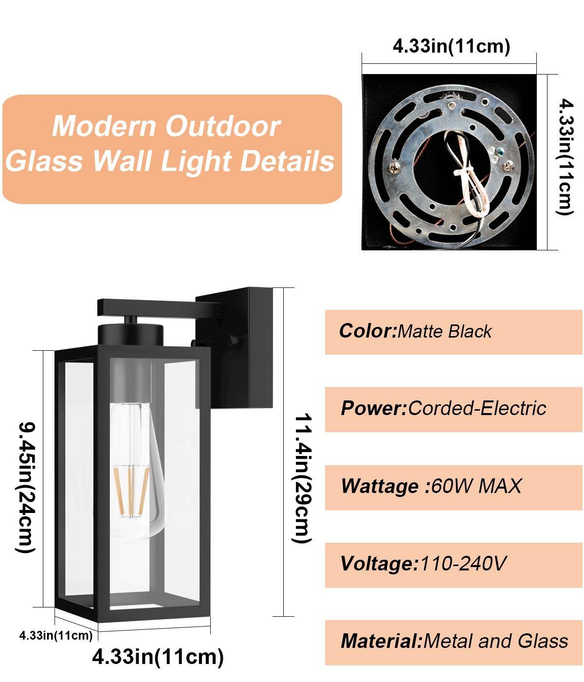Tipace Black Outdoor Wall Lanterns, 2 Pack Sconces With Clear Glass Shade For Entryway & Porch