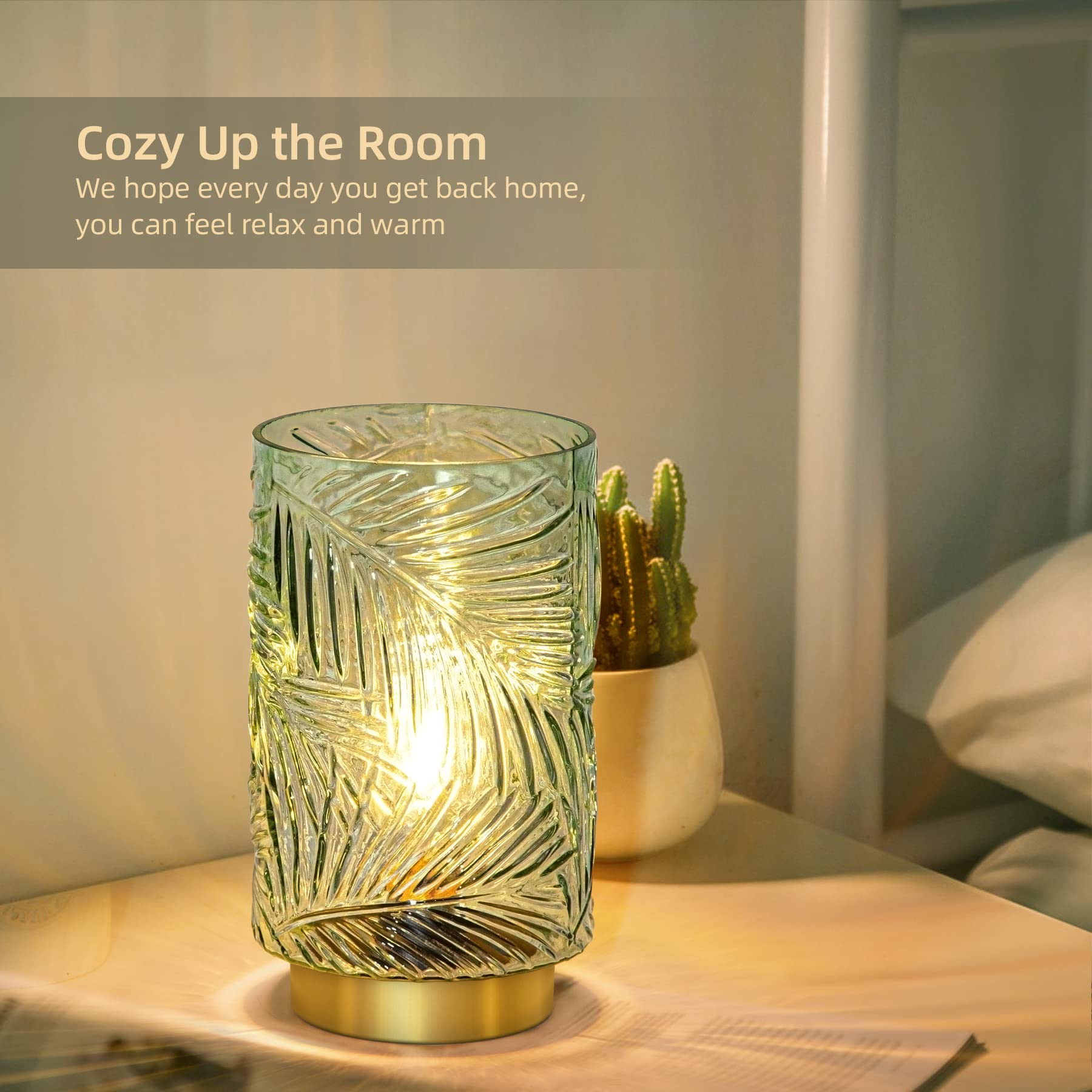 MJ PREMIER Battery Operated Table Lamp - Light Green, Small with Timer, Glass Decorative Nightlight for Home Decor