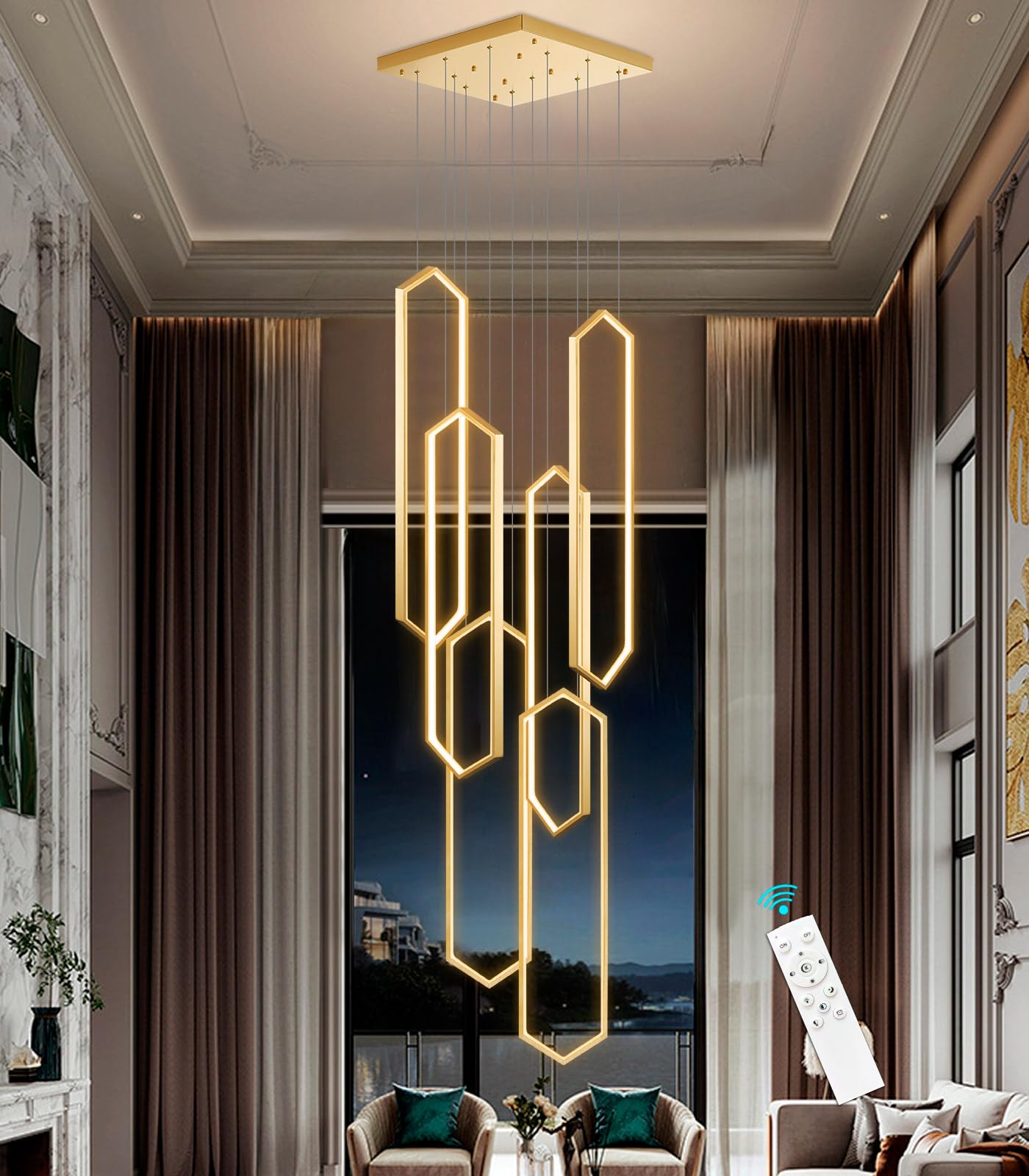 dolria 6-Rings Chandelier, Gold LED Light, Dimmable Flush Mount, 26"x9.4"x118", Modern Design for Living Room and Villa Foyer