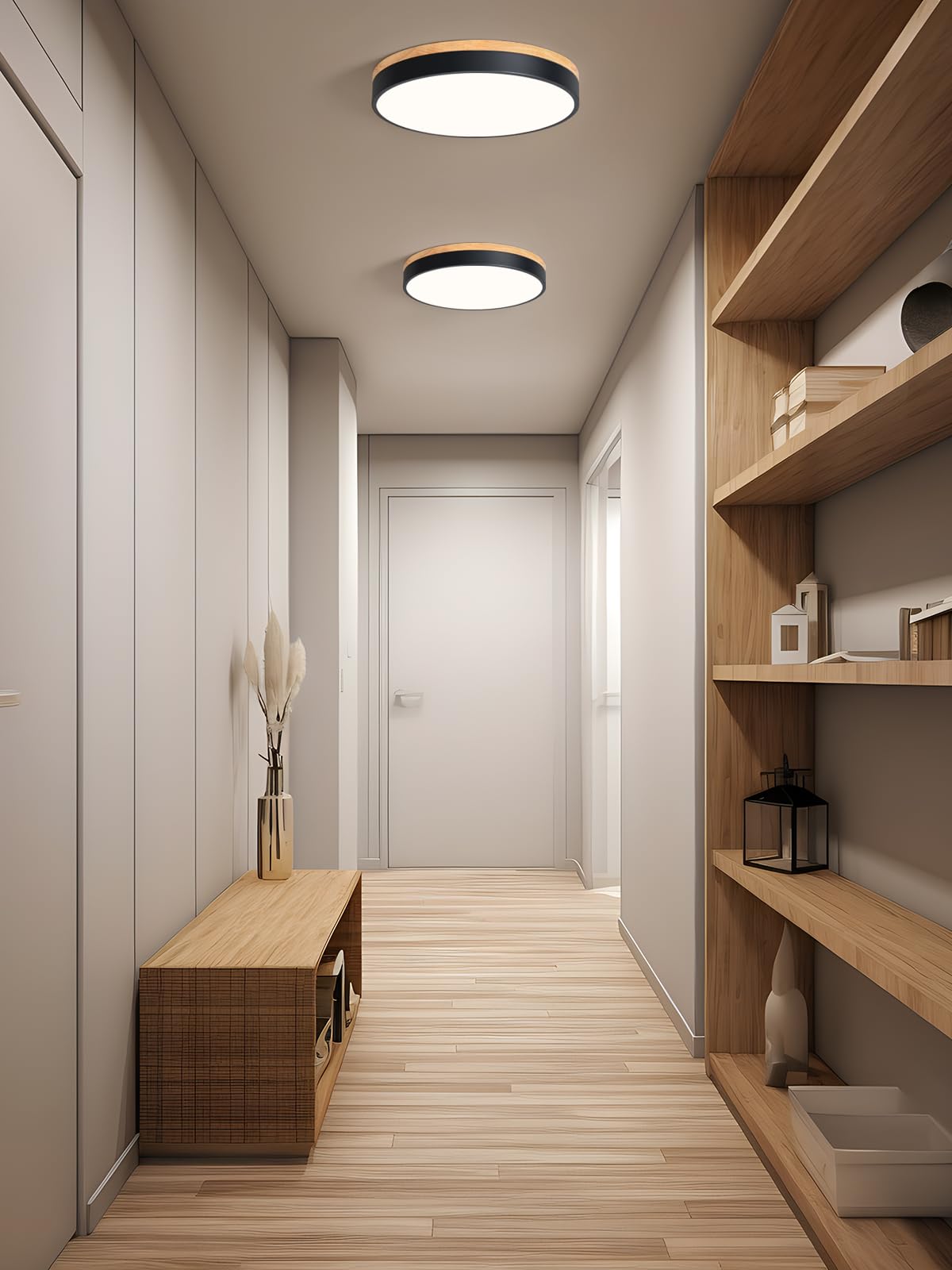 Zuyurt Wood Led Ceiling Light, Modern Black Flush Mount Ceiling Light, Minimalist Close To Ceiling Light Fixture For Bedroom, Li