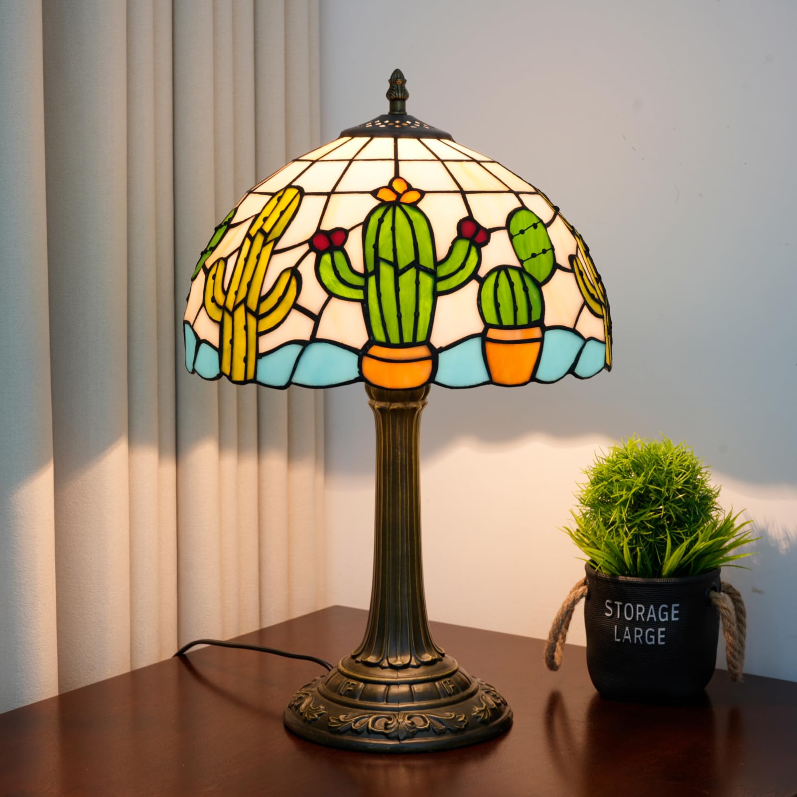 TIFLRIS Tiffany Stained Glass Table Lamp Creative Cactus Style Unique Gift for Nature Enthusiasts Bedroom Bedlight Living Room D