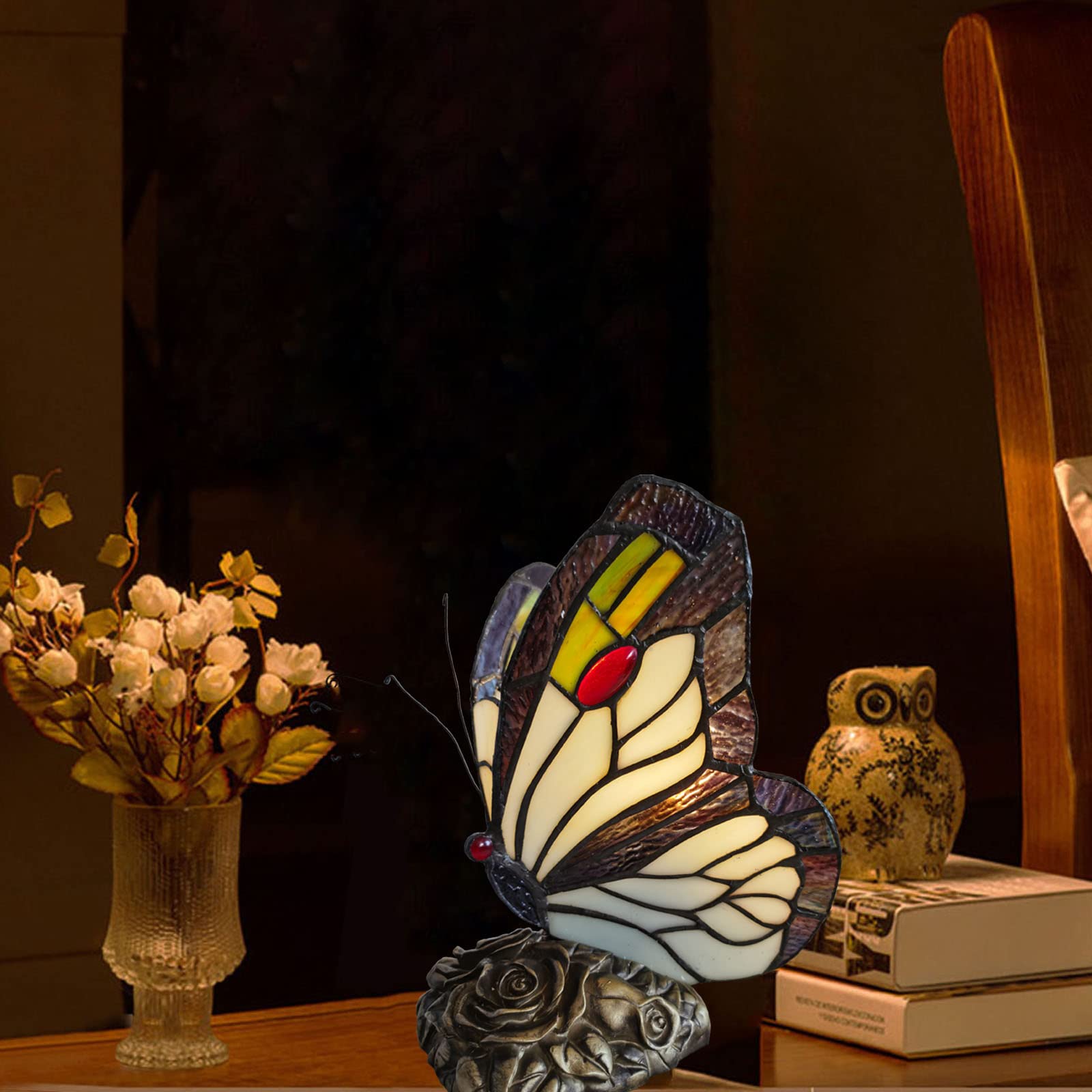 FUMAT Tiffany Bedside Table Lamp - LED Stained Glass Shade, Black & White Butterfly Design, Nightstand Light for Home Office, Gift Box Included