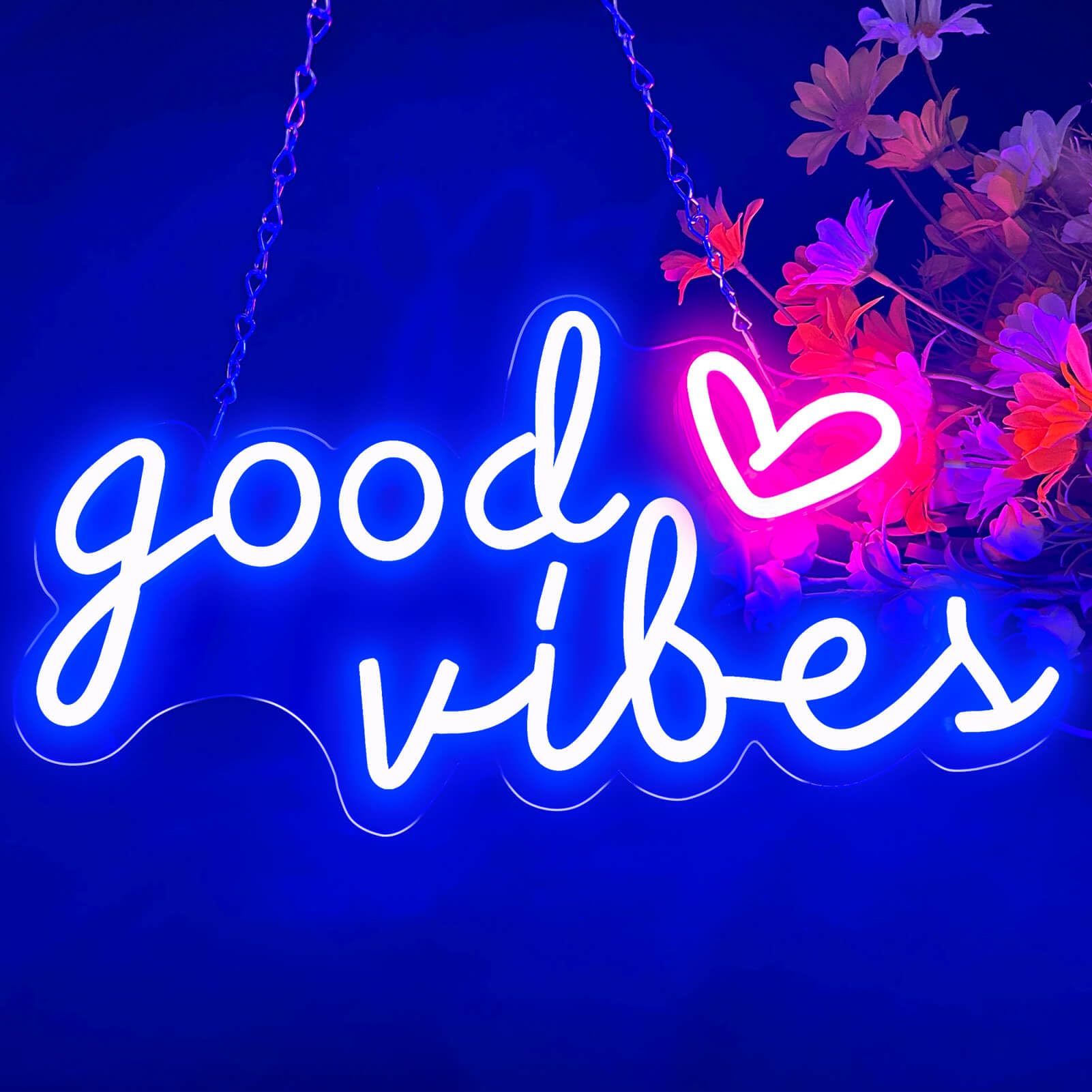 HOHOSIGN Blue Neon Good Vibes Sign, LED Wall Decor for Bedroom, 16.5x11x0.6in, Silicone Material