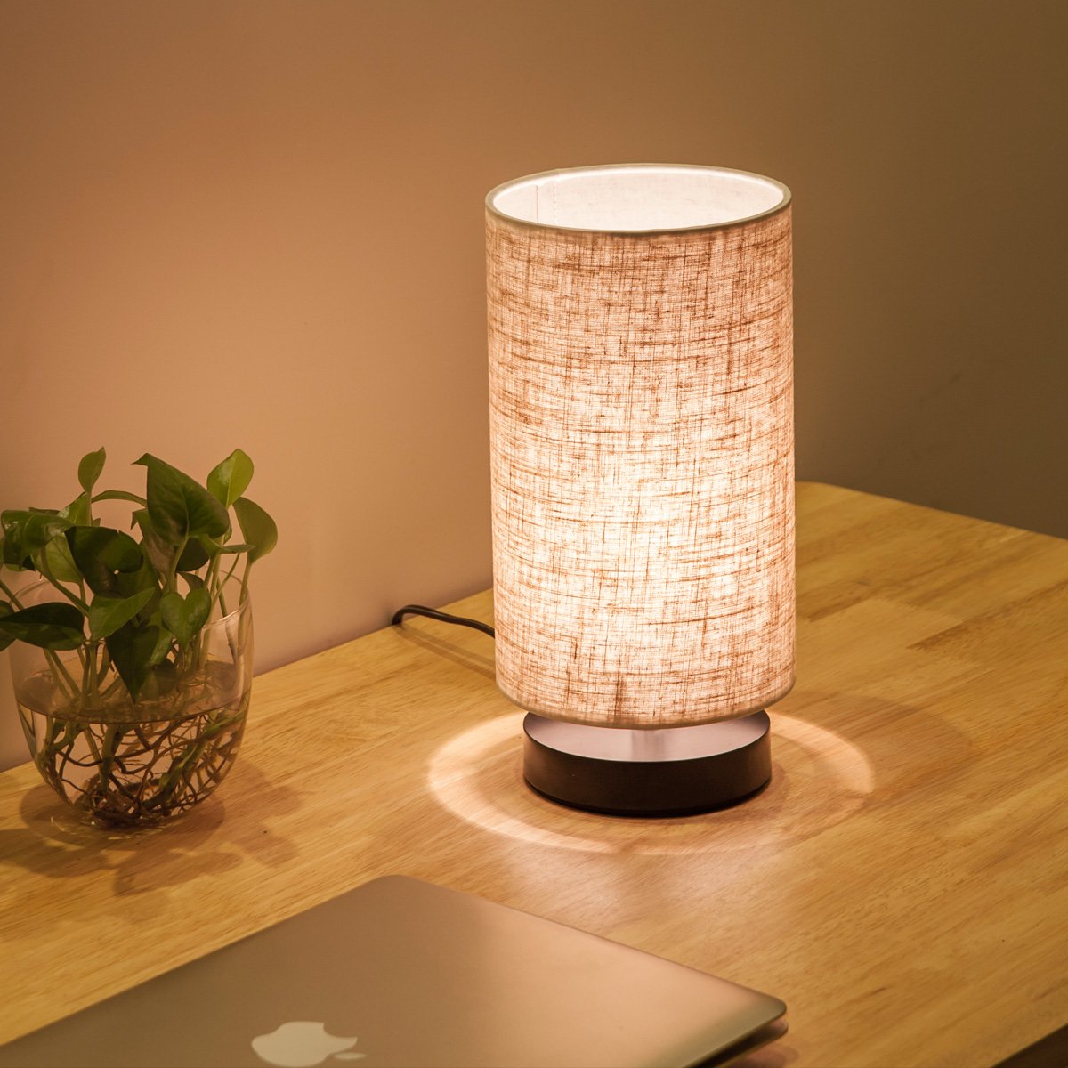 lifeholder Table Lamp, Simple Fabric Wooden Design, Round Beige, Model TD-01, Ideal for Bedroom, Living Room, Office