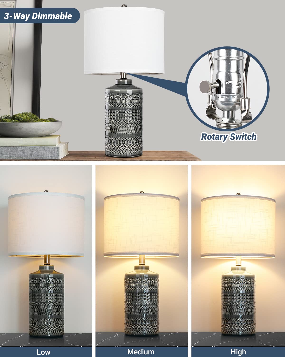 JUNNAI 24.5 Gray Ceramic Table Lamp - 3-Way Dimmable Nightstand Lamp with White Shade for Living Room, Bedroom, Office Decor (Bulb Included)