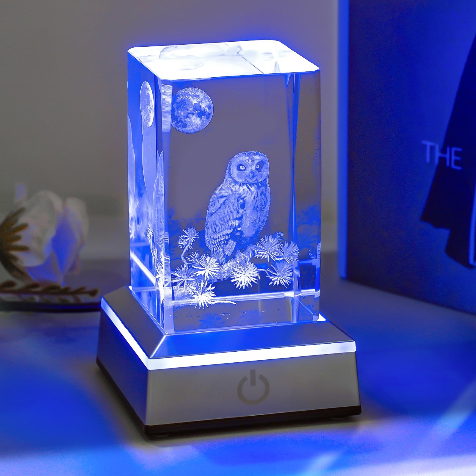 Eicxjui 3D Owl Crystal Night Light With Multicolor Led Base Glass Laser Engraved Owl Figurines Lamp Gifts For Boys Girls Lovers