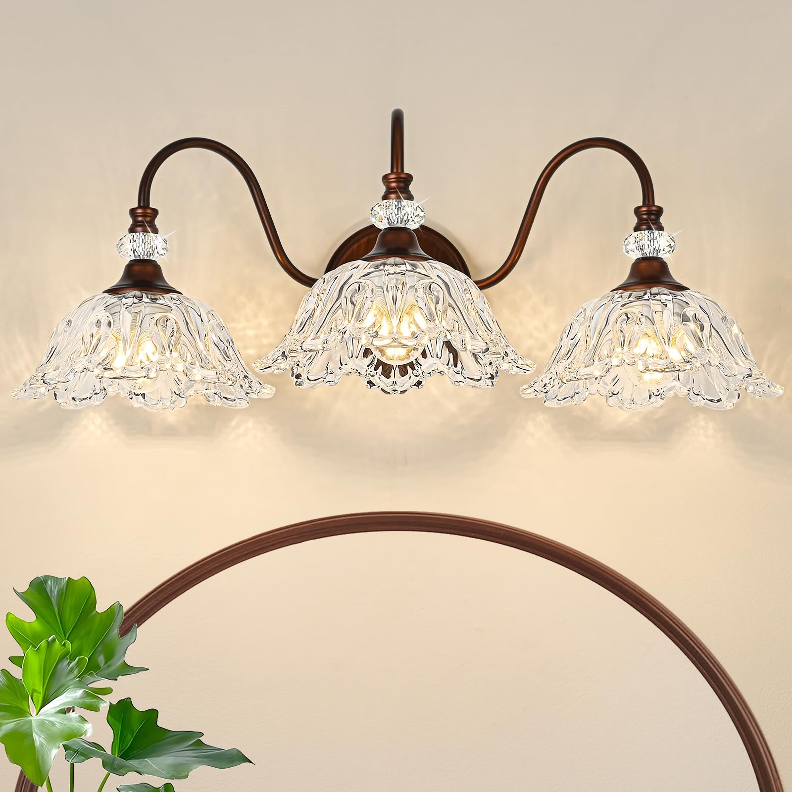 Sunkryster Oil Rubbed Bronze Bathroom Vanity Light  3-Light Vintage Vanity Light With Floral Clear Glass Shades  Retro Wall Mount Lighting For Bathroom  Dressing Table