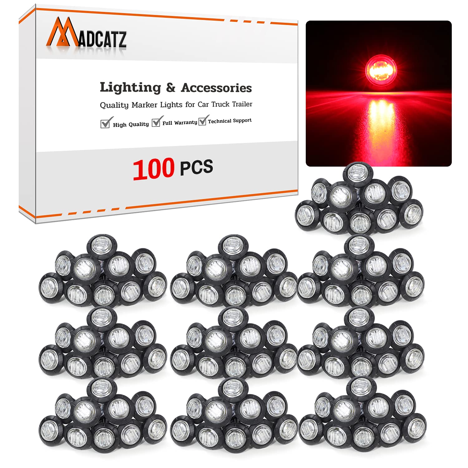 MADCATZ 100Pcs LED Marker Lights, 3/4 Inch Clear Lens Red, Turn Signal Indicator, for Trailer Truck RV Car Bus Van