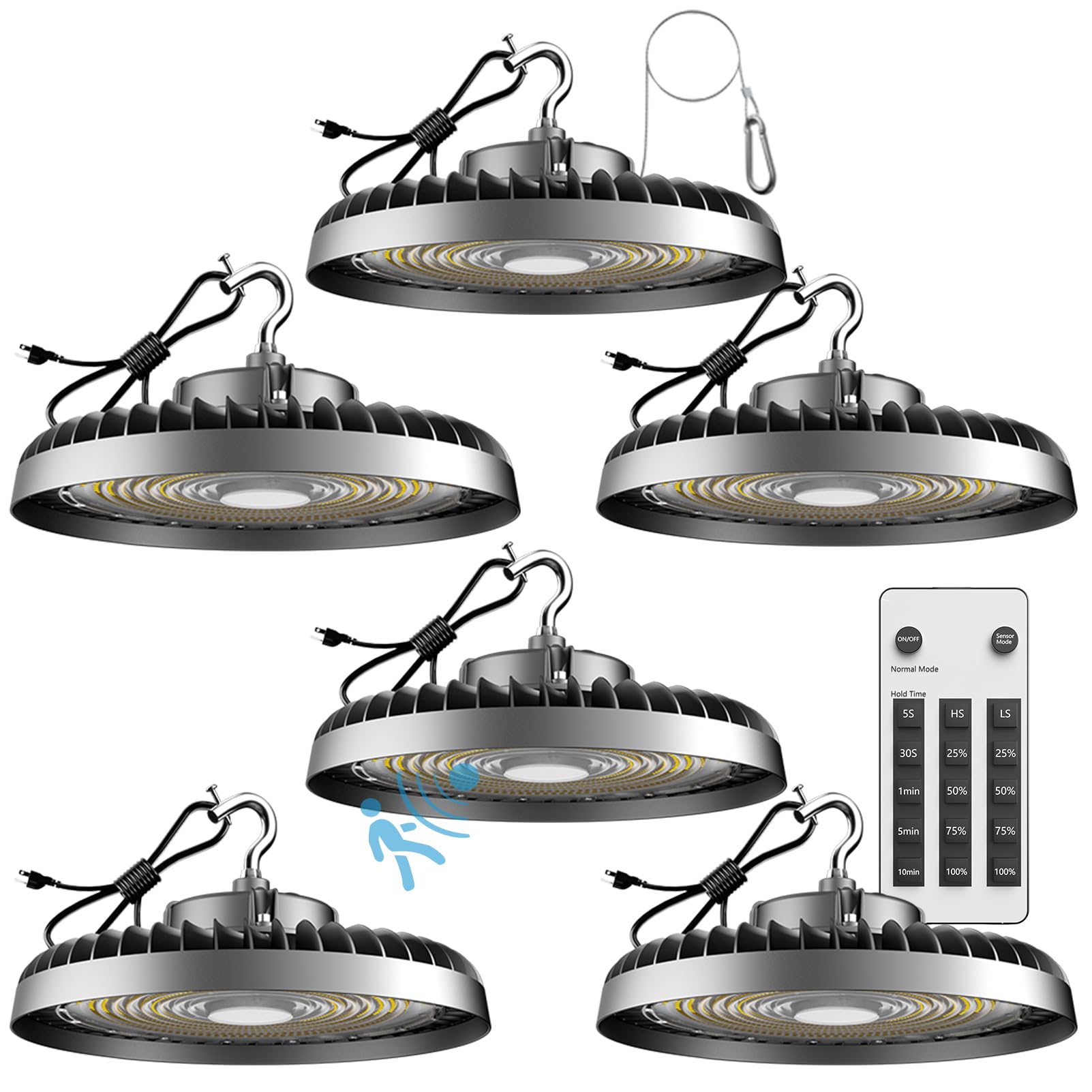 ACOHOOK Smart 250W LED High Bay Light, 37500lm, Remote Control, Motion Sensor, AC100-277V, Model AUFO-15MD, 6Pack