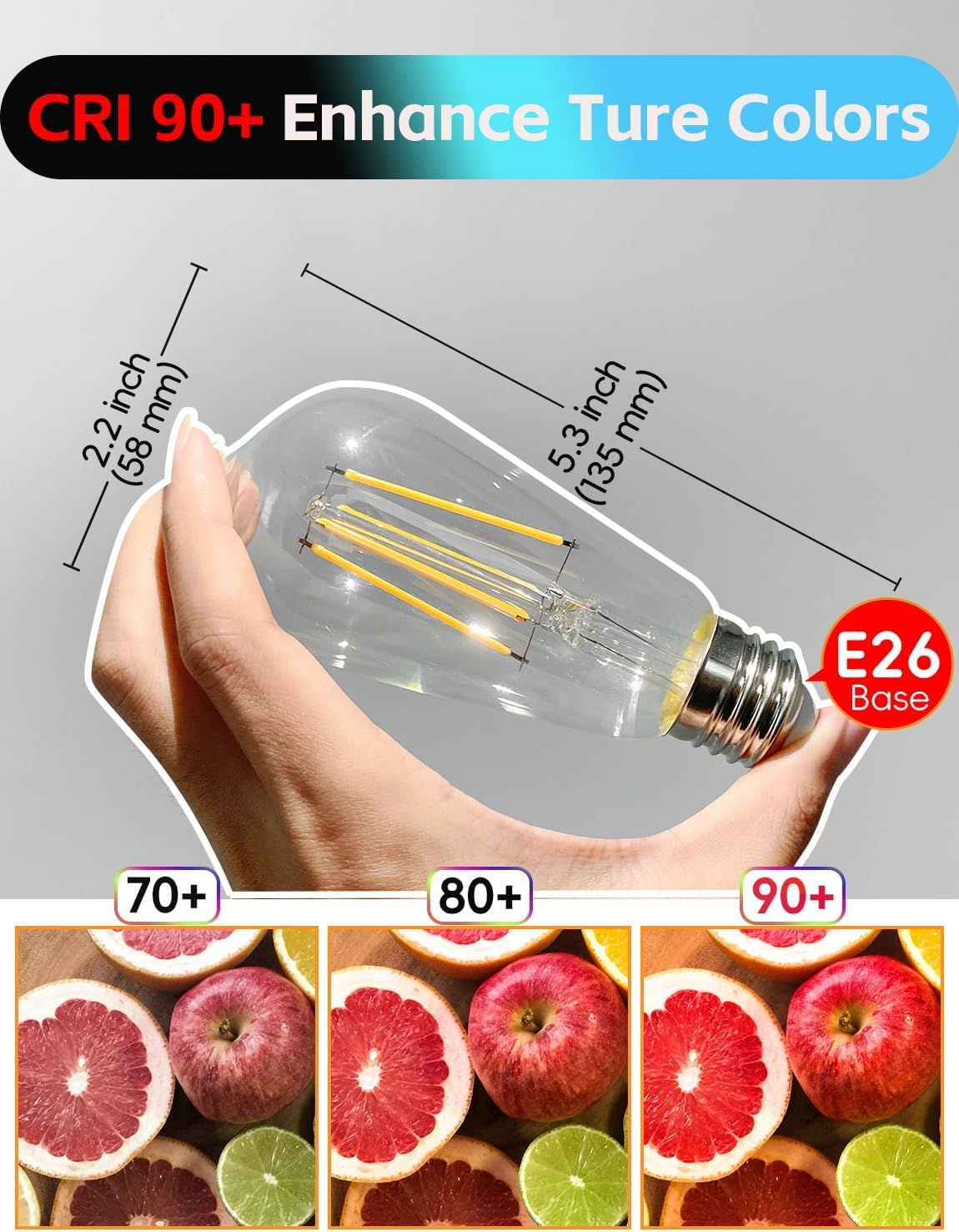 Jensense Edison Bulbs 6W E26 LED Light Bulbs, Dimmable, 2700K Warm White, 6 Pack, Glass