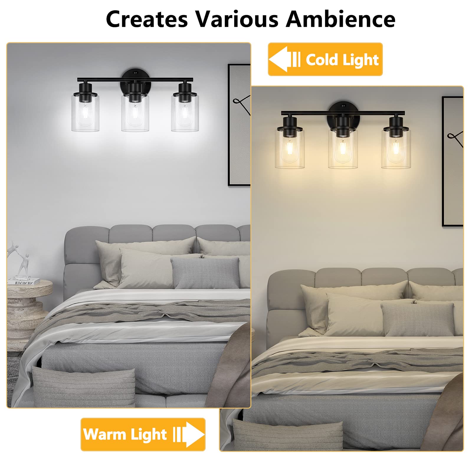 Licperron 3-Light Bathroom Wall Light, Black Metal Vanity Light with Clear Glass Shade, Modern Sconces for Home Decor
