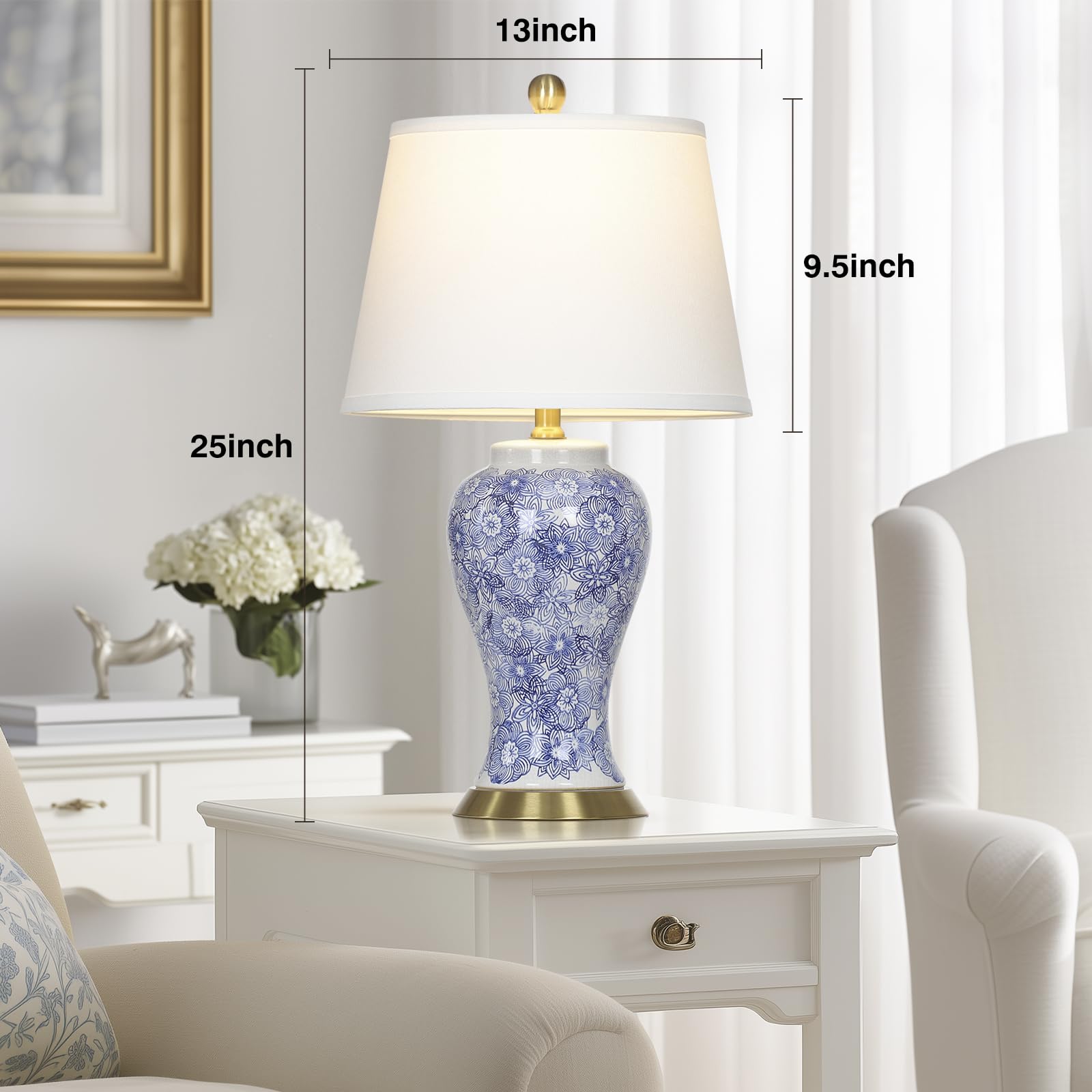 Cinkeda 25'' Blue And White Chinoiserie Ceramic Table Lamp - Elegant Ginger Jar Design For Transitional Style Living Rooms, Bedr