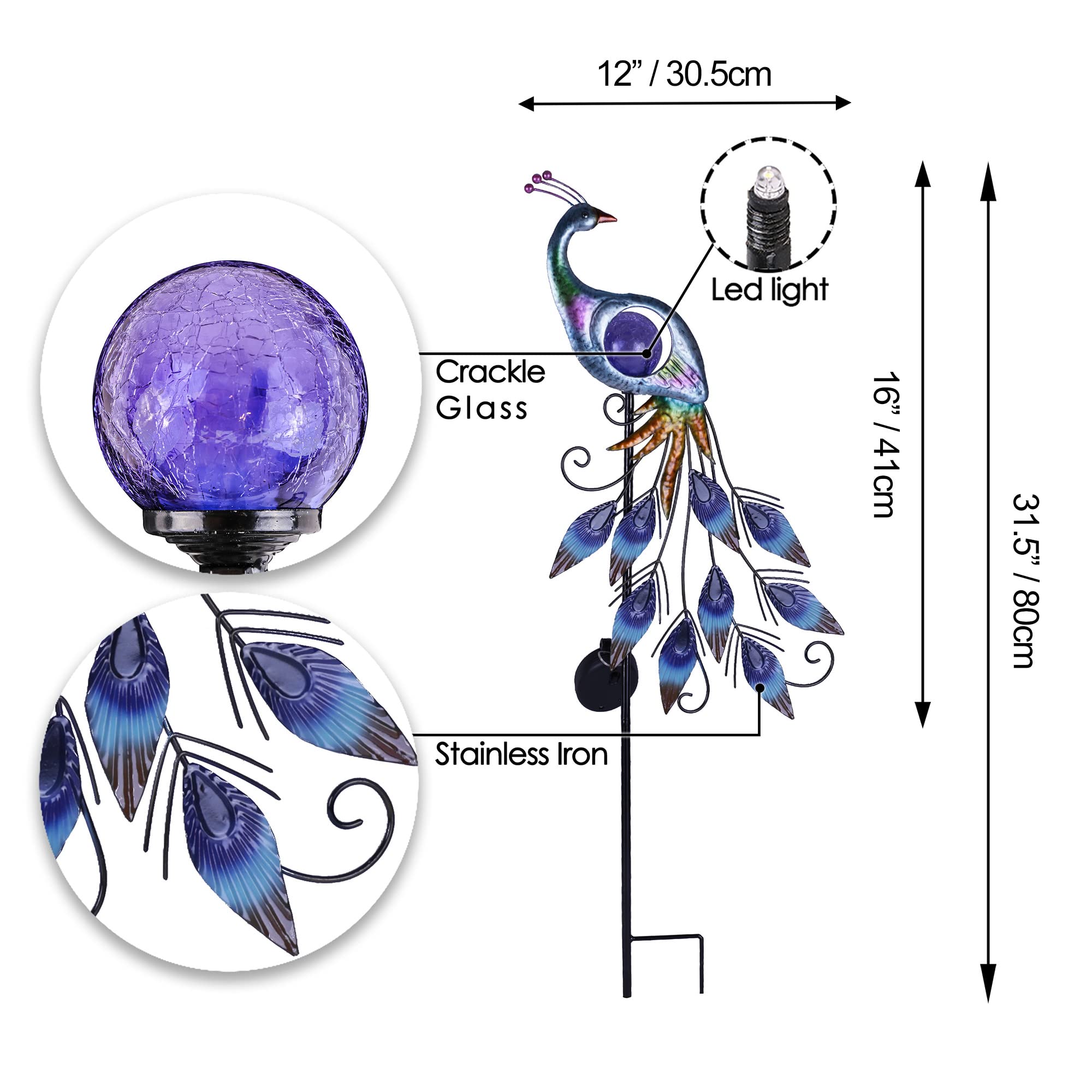 Teresa'S Collections Peacock Solar Lights - 35.4&quot; Metal Garden Decor With Crackle Glass Ball