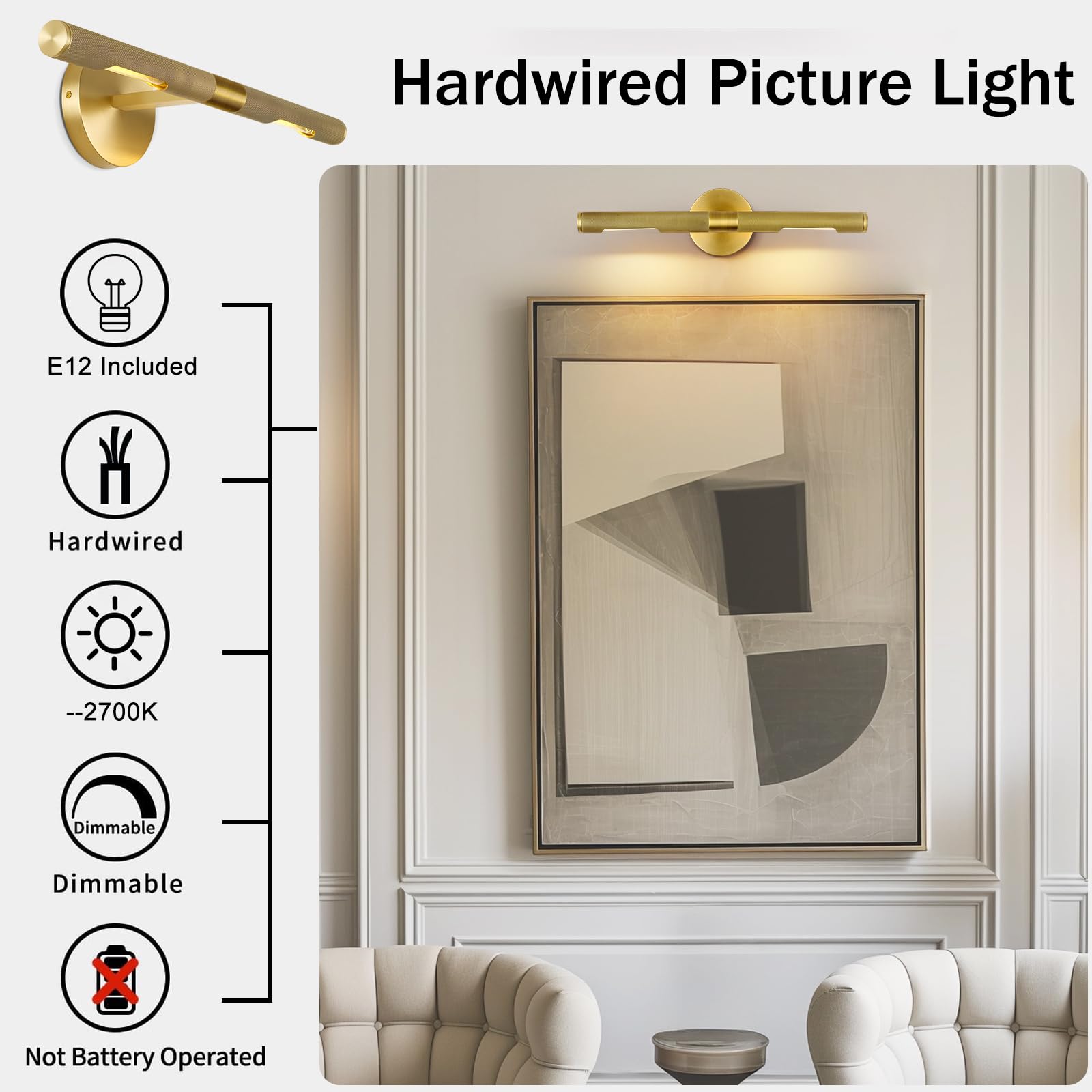 Hard-Wired Knurled Picture Light, 19In Brass Picture Light For Wall, Dimmable Brass Art Light, Rotatable 360 Picture Frame Light