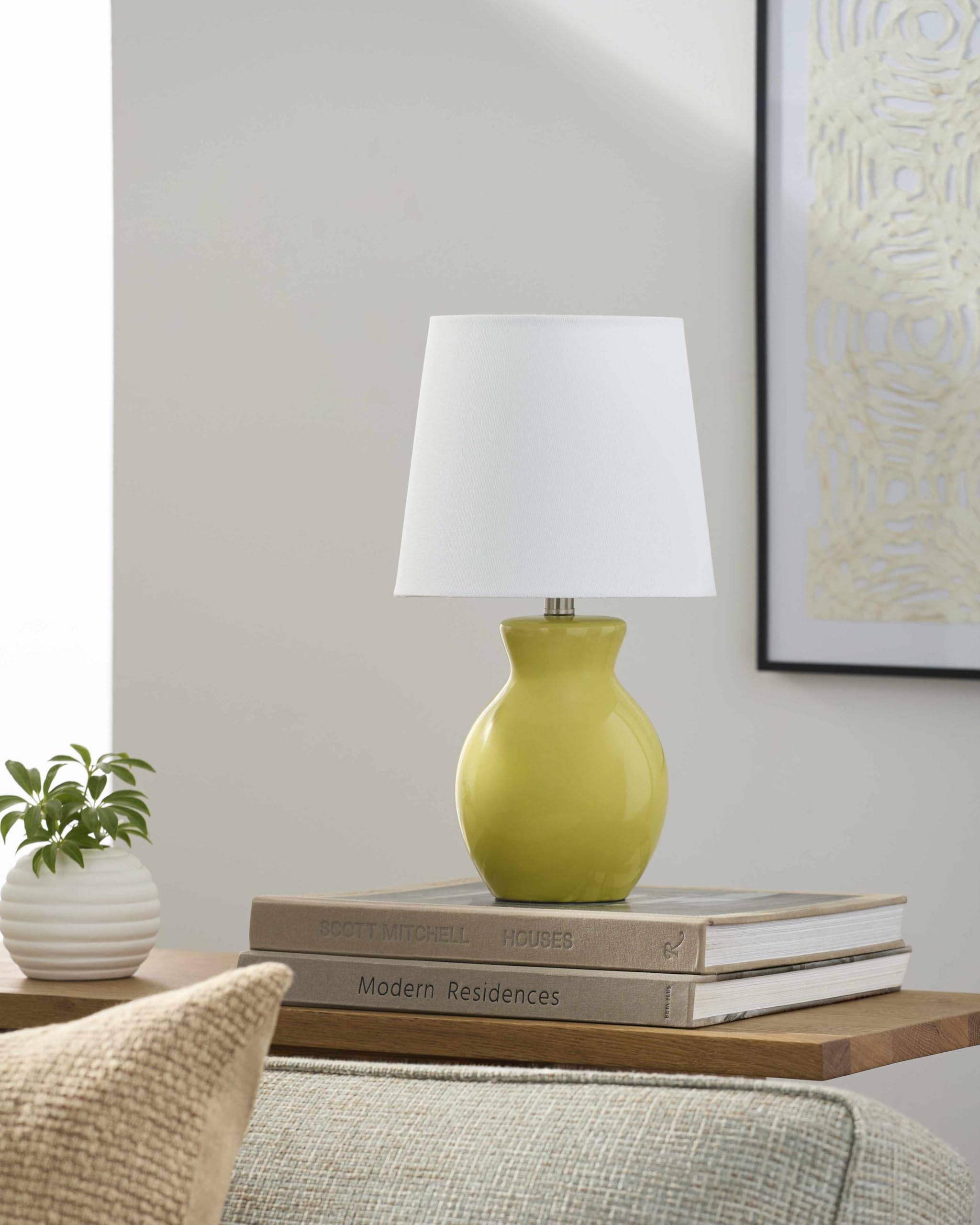 BoutiqueRugs Bedside Table Lamp - Ceramic, Mustard/White, 15inH x 8inW x 8inD, Model SPXZVB4-034, Perfect for Bedroom or Living