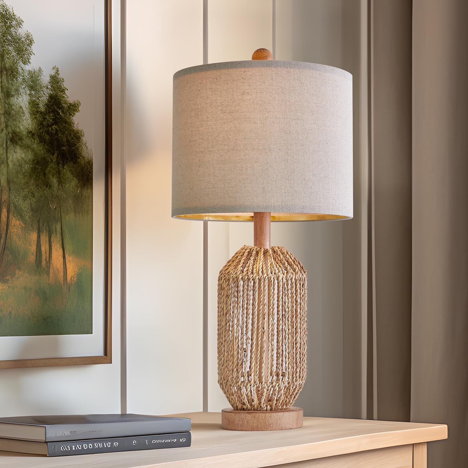 Oyears 21&quot; Boho Rattan Table Lamp - Brown Farmhouse Bedside & Living Room Decor