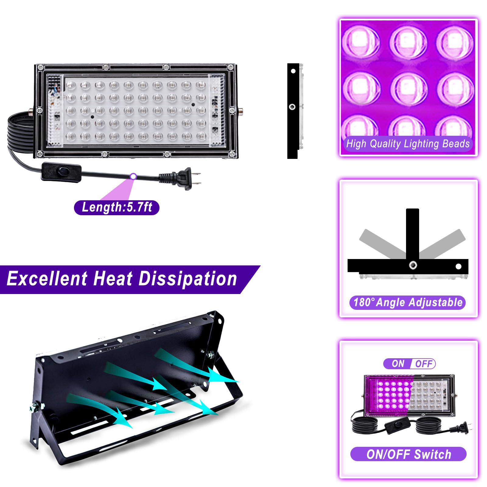 Akpgf 6 Pack 50W Black Light, Led Blacklight With Us Plug And Switch, Black Lights For Glow And Neon Parties, Halloween, Body Pa