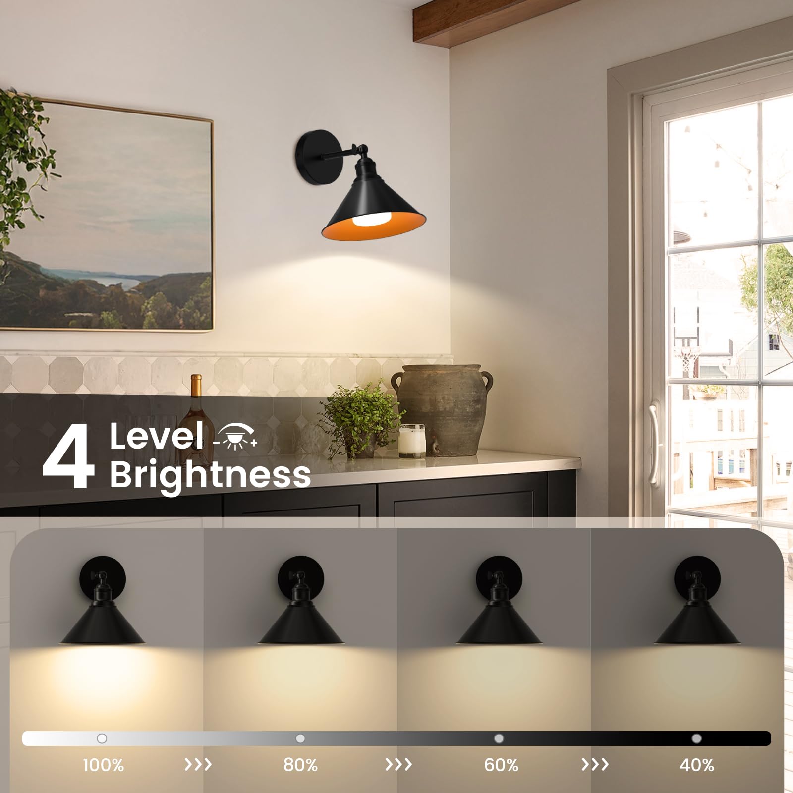 Niorsun Vintage Battery Operated Wall Sconce Set Of 2, Black Wireless Rechargeable Wall Lights With 5200Mah Dimmable Detachable