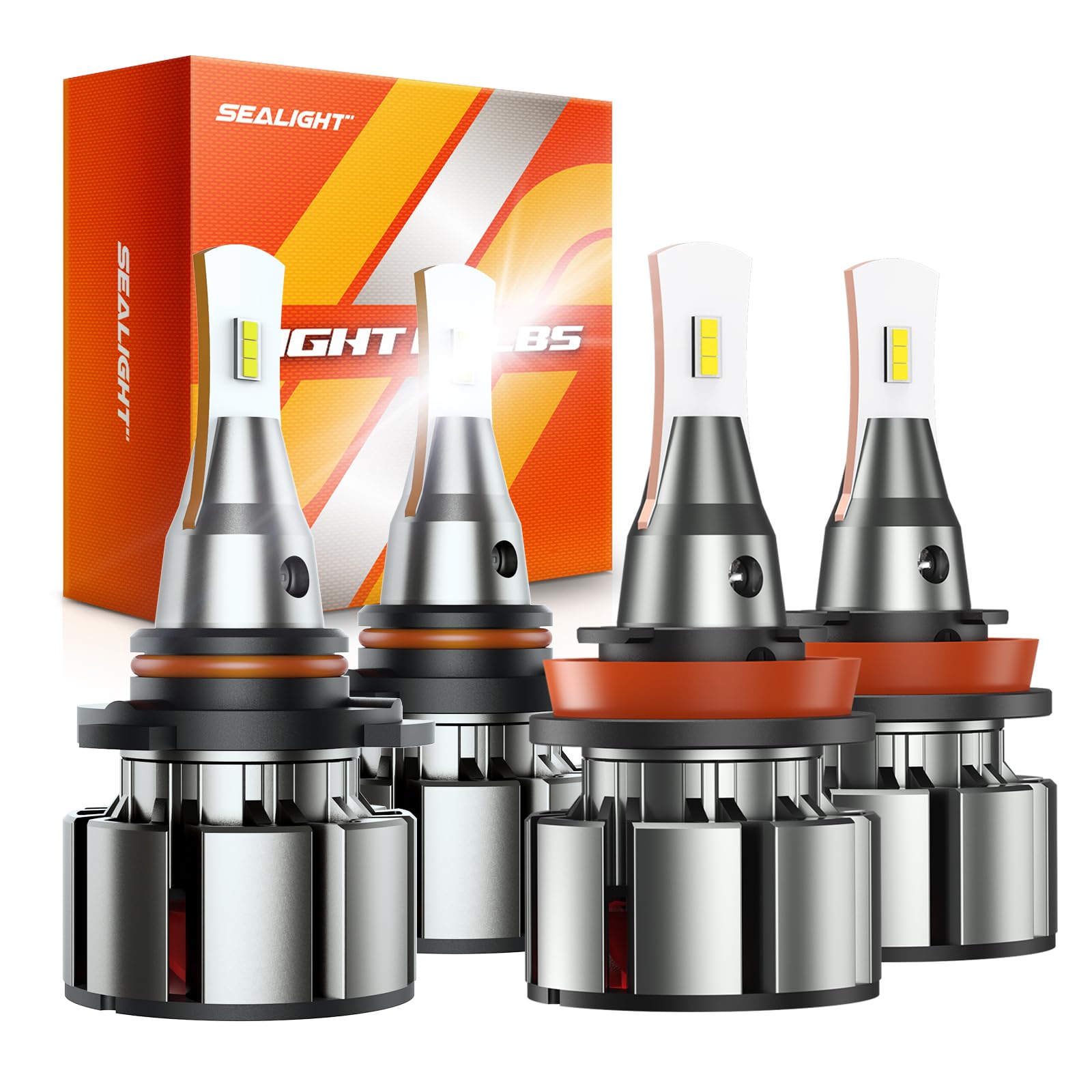 SEALIGHT 9005 H11 Bulbs Combo, 72000LM, 6000K Cool White, Aluminum, L2 Model, Pack of 4