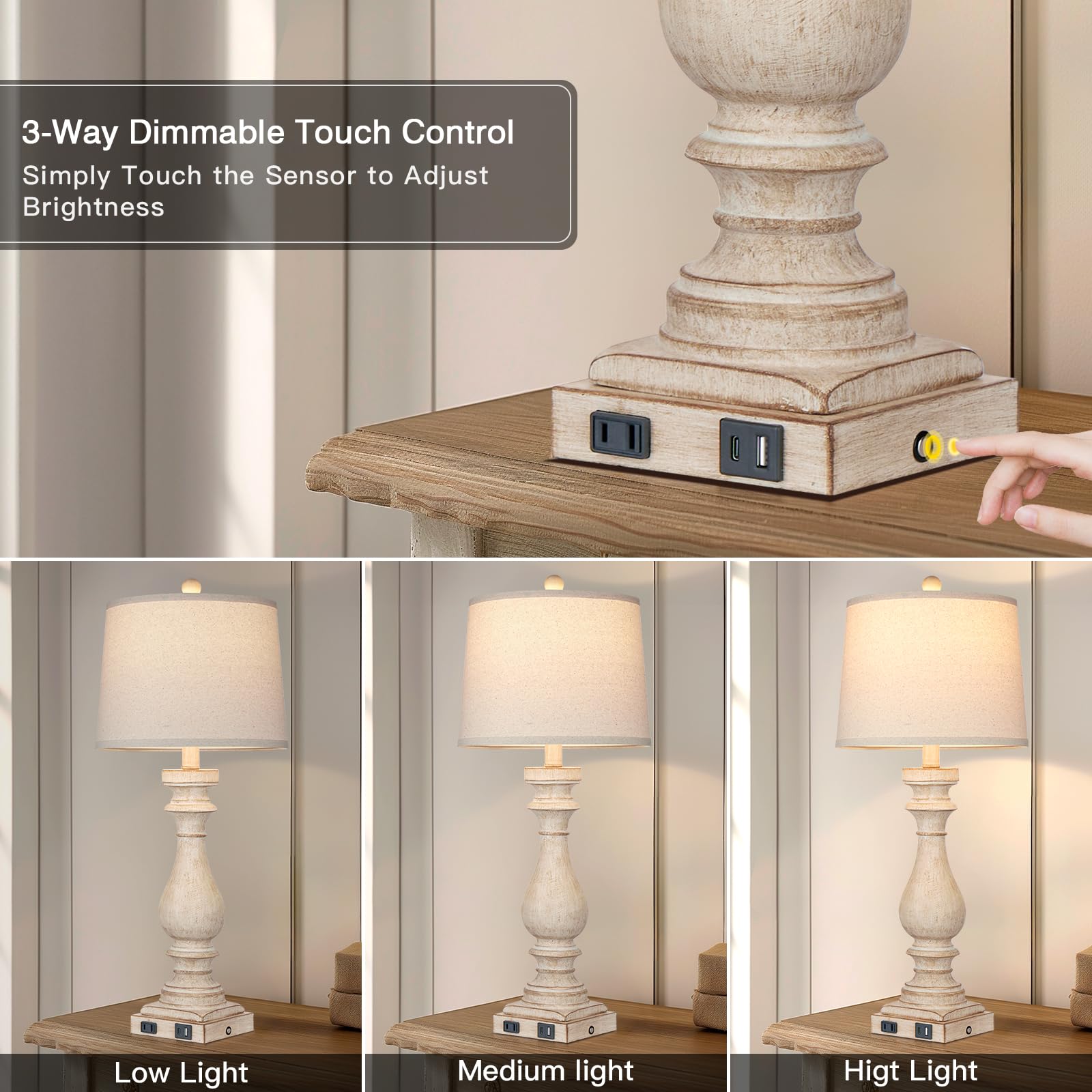 Cinkeda 27.5" Farmhouse Lamp - Vintage Beige Bedside Light with USB Charging, 3-Way Touch Control, Model TD-CK-206-1PK