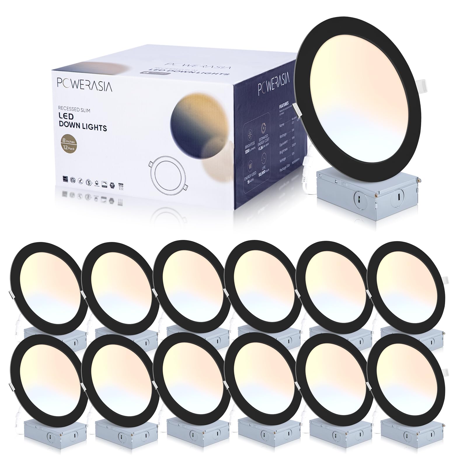 POWERASIA 12 Pack Black Recessed Lighting with Junction Box, 8 Inch LED Recessed Lights Dimmable 2700K/3000K/4000K/5000K/6000K, 